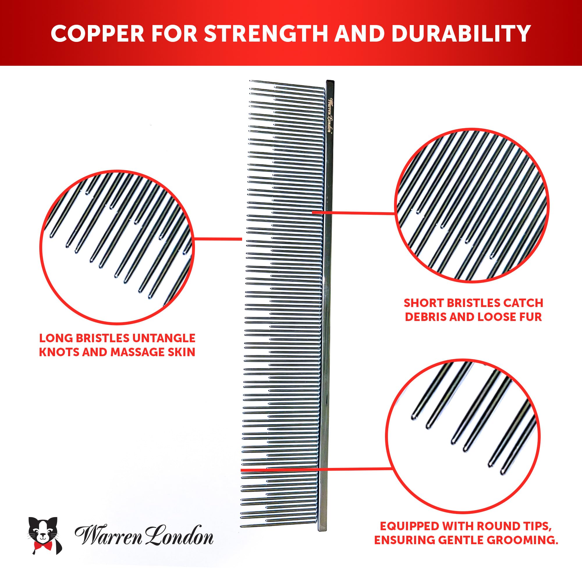 Warren London Carding Cat Comb | 7.5 Inches Made With Copper | Rounded Tips Prevent Irritation | Dual Tooth Design For Short & L
