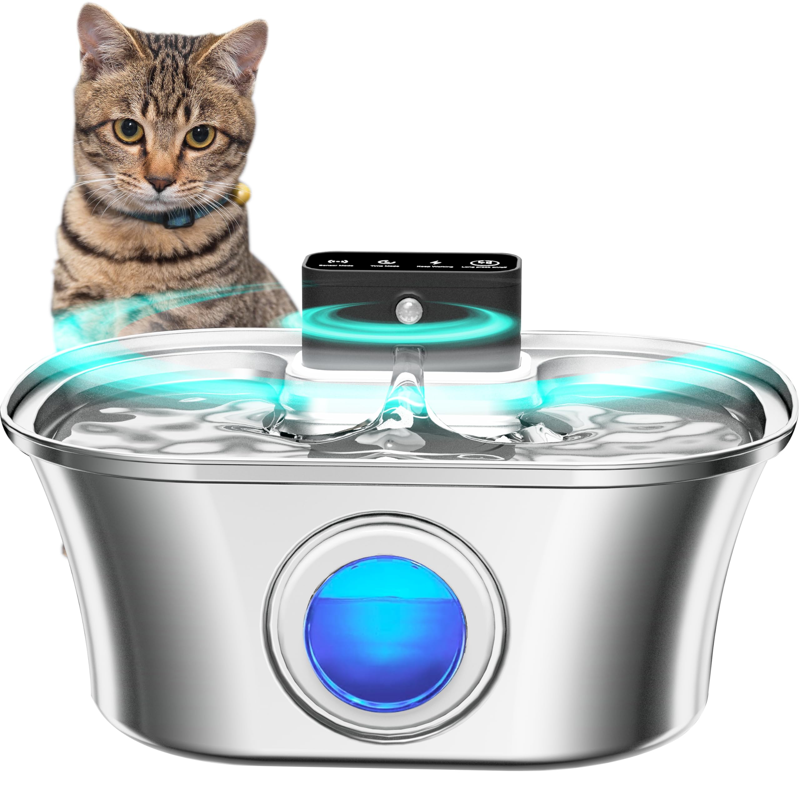 Pipartie Wireless Cat Water Fountain Stainless Steel, 3.2L Pet Fountain Battery Operated,Cordless Cat Fountain For Cats&Dog With