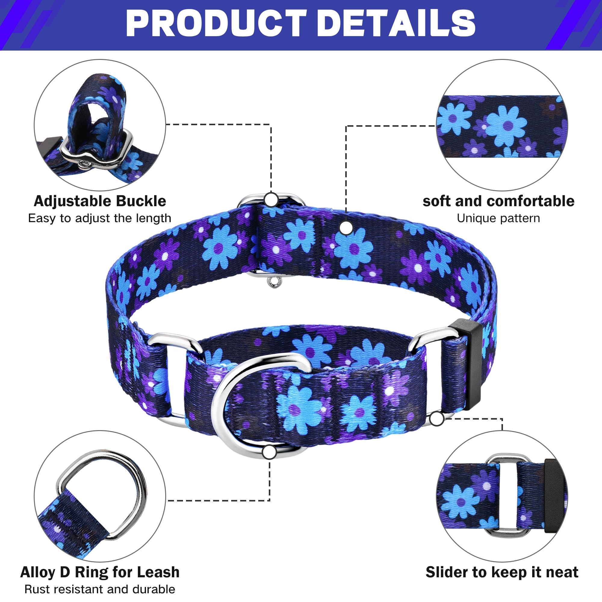 Hikiko 1.5 Inch Martingale Collar With No Buckle Heavy Duty Floral Dog Collar For Medium Large Dogs,Navy Blue Flower