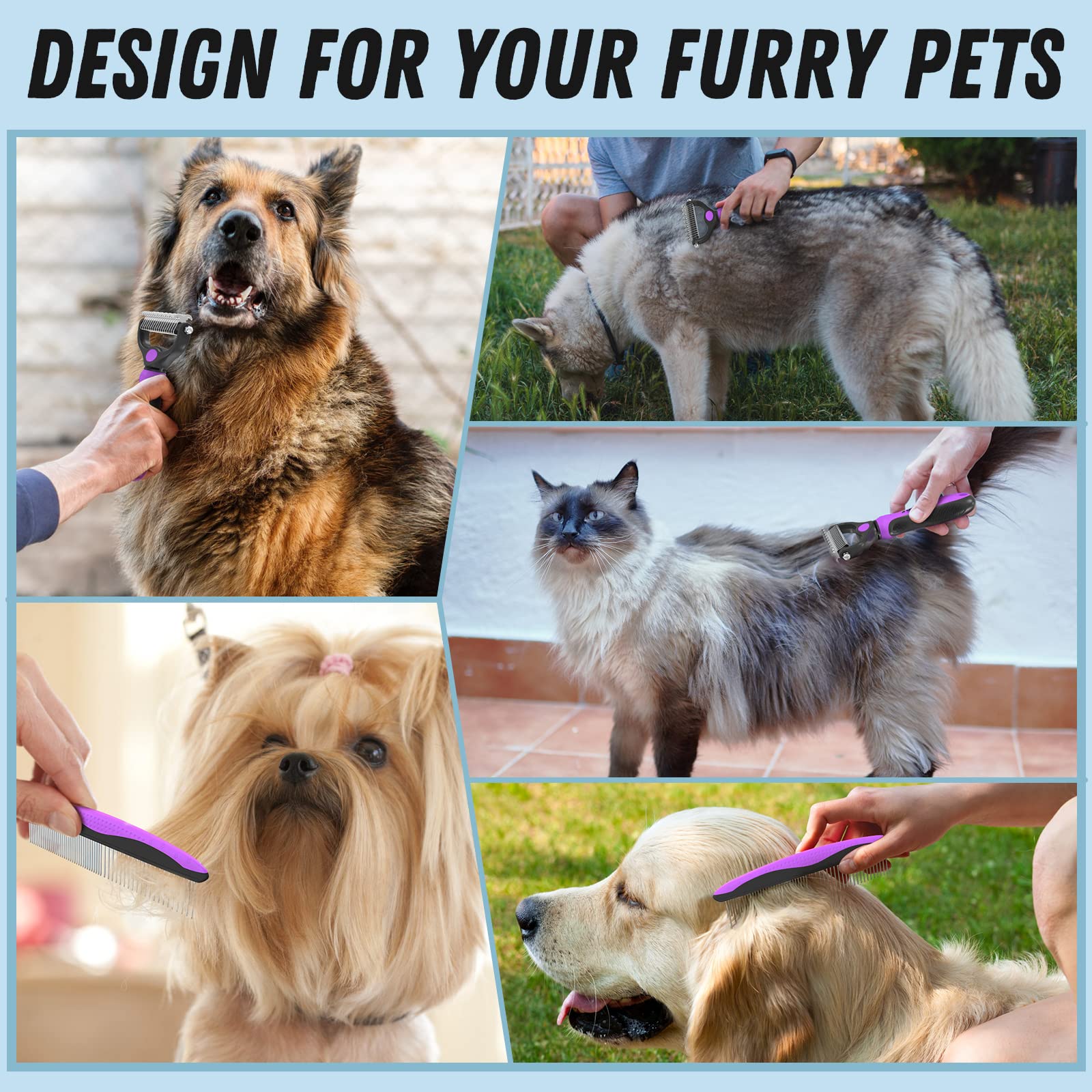 Docrok Pet Grooming Brush And Metal Comb Combo - Undercoat Rake For Dematting And Deshedding Long Matted Haired Dogs And Cats, Purple