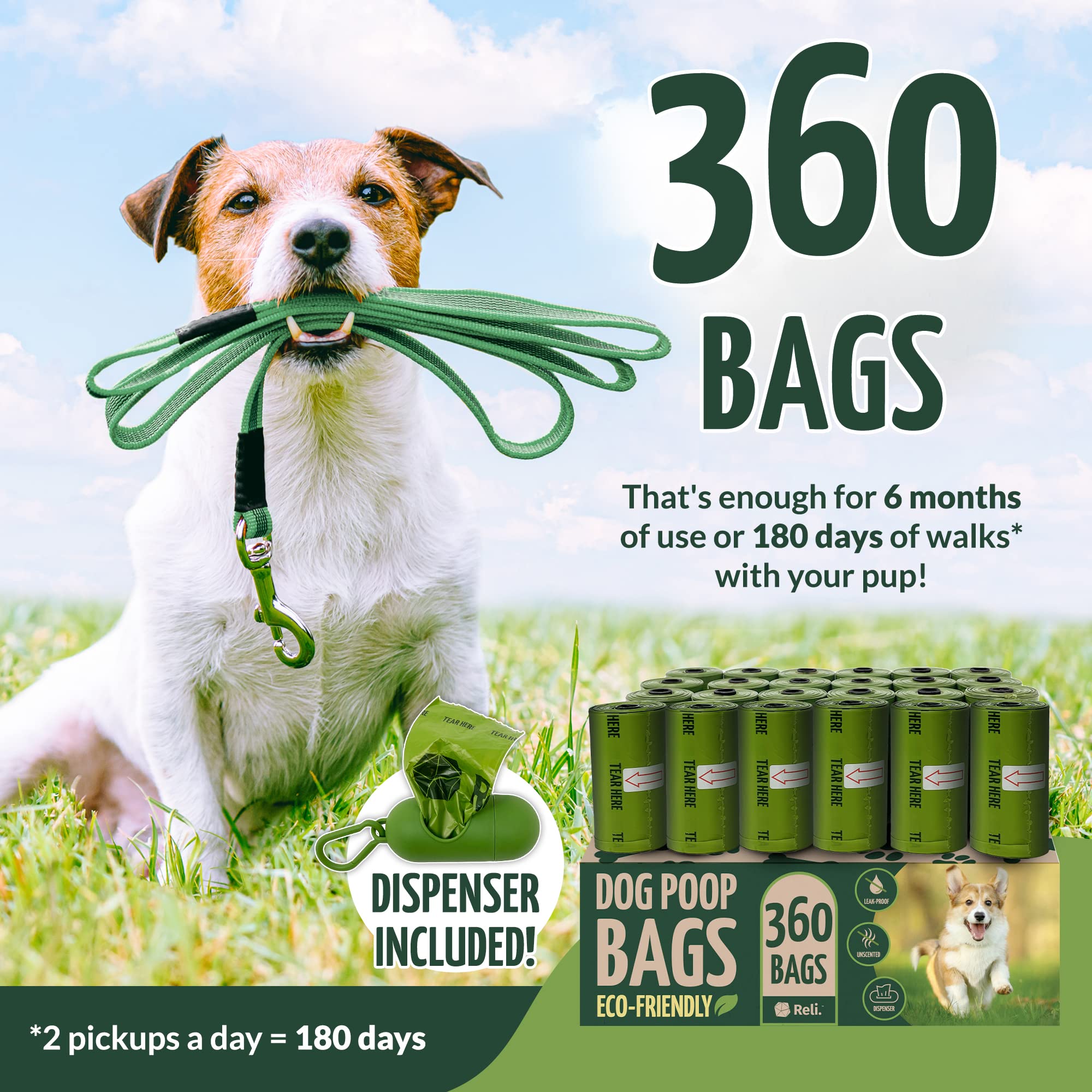 Reli. Biodegradable Dog Poop Bags w/Holder - 360 Count (24 Rolls) | Large 9x13 Eco-Friendly Green Waste Disposal Bags | Unscented