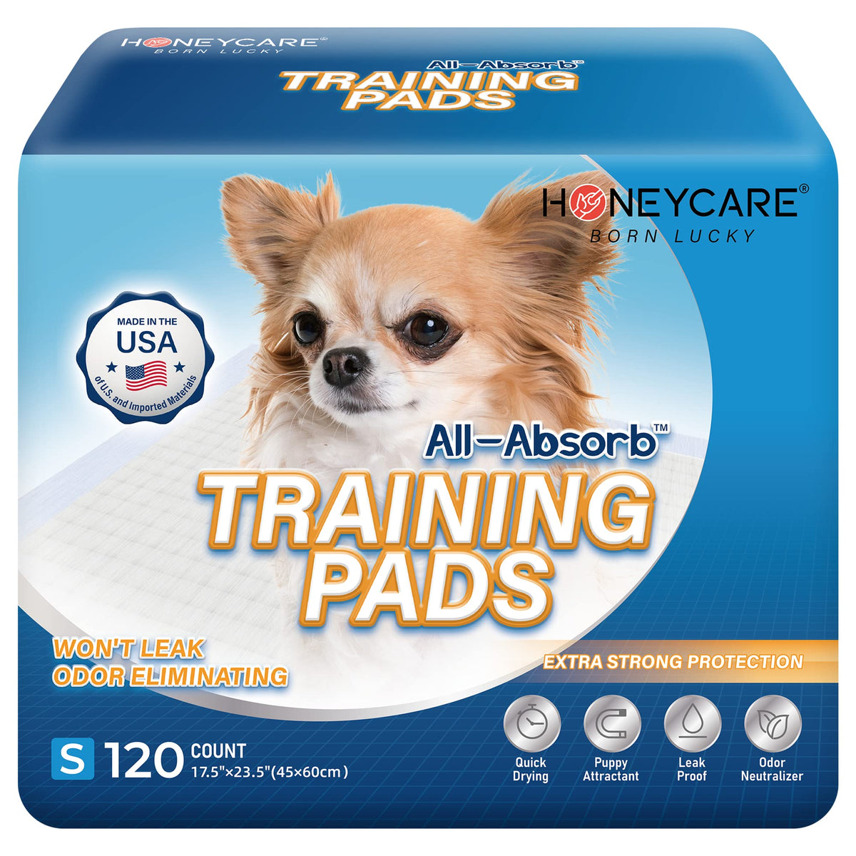 Honey Care All-Absorb, Small 17.5' X 23.5', 120 Count, Dog And Puppy Training Pads, Ultra Absorbent And Odor Eliminating, Leak-Proof 5-Layer Potty Training Pads With Quick-Dry Surface, Blue, A05