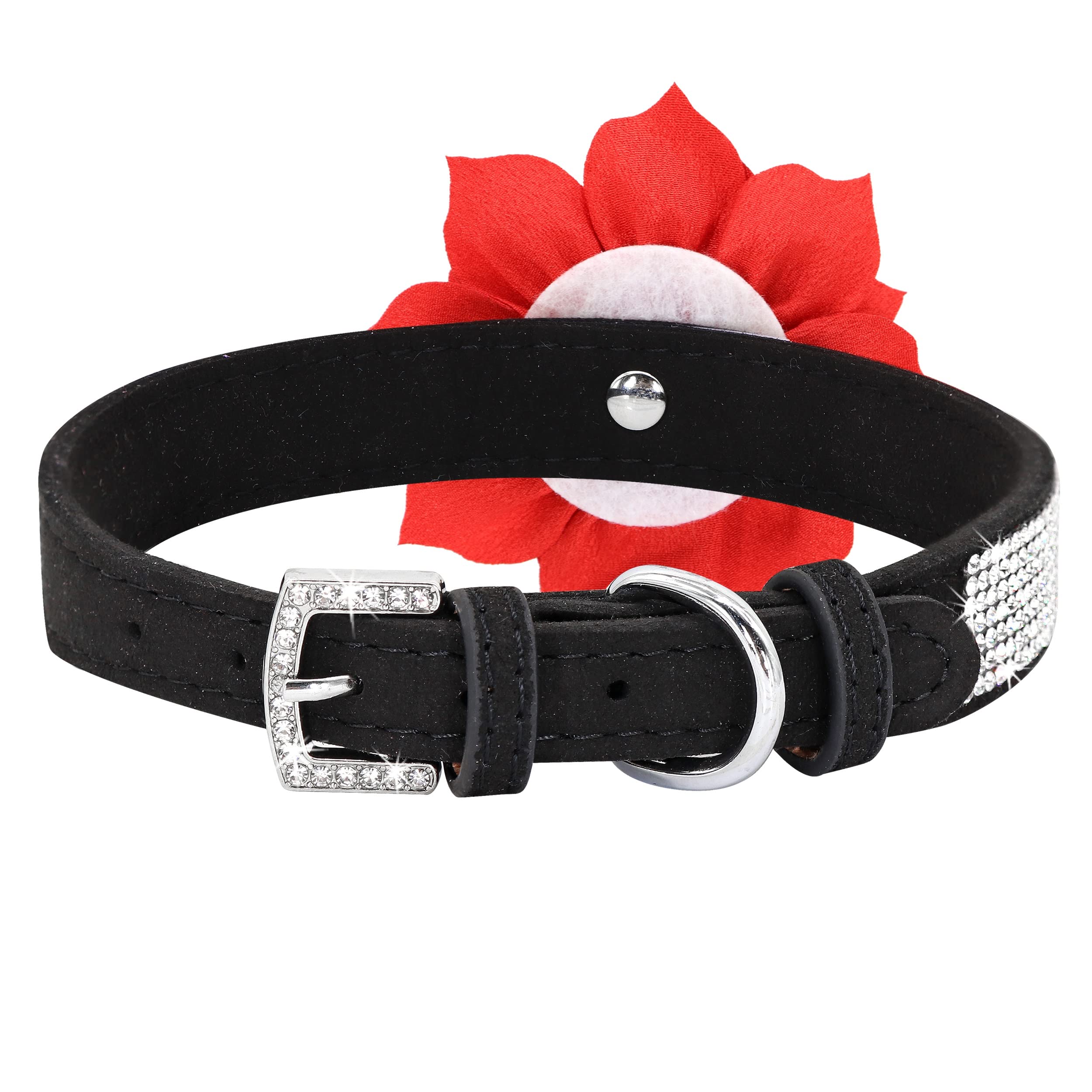 Pet Artist Cute Girl Rhinestone Suede Dog Collars For Small Dogs Cats,Soft Flower Dog Collar,Bling Dog Collars For Small Puppy Dogs Black Collar,S:Neck 10-12'(25-31Cm)