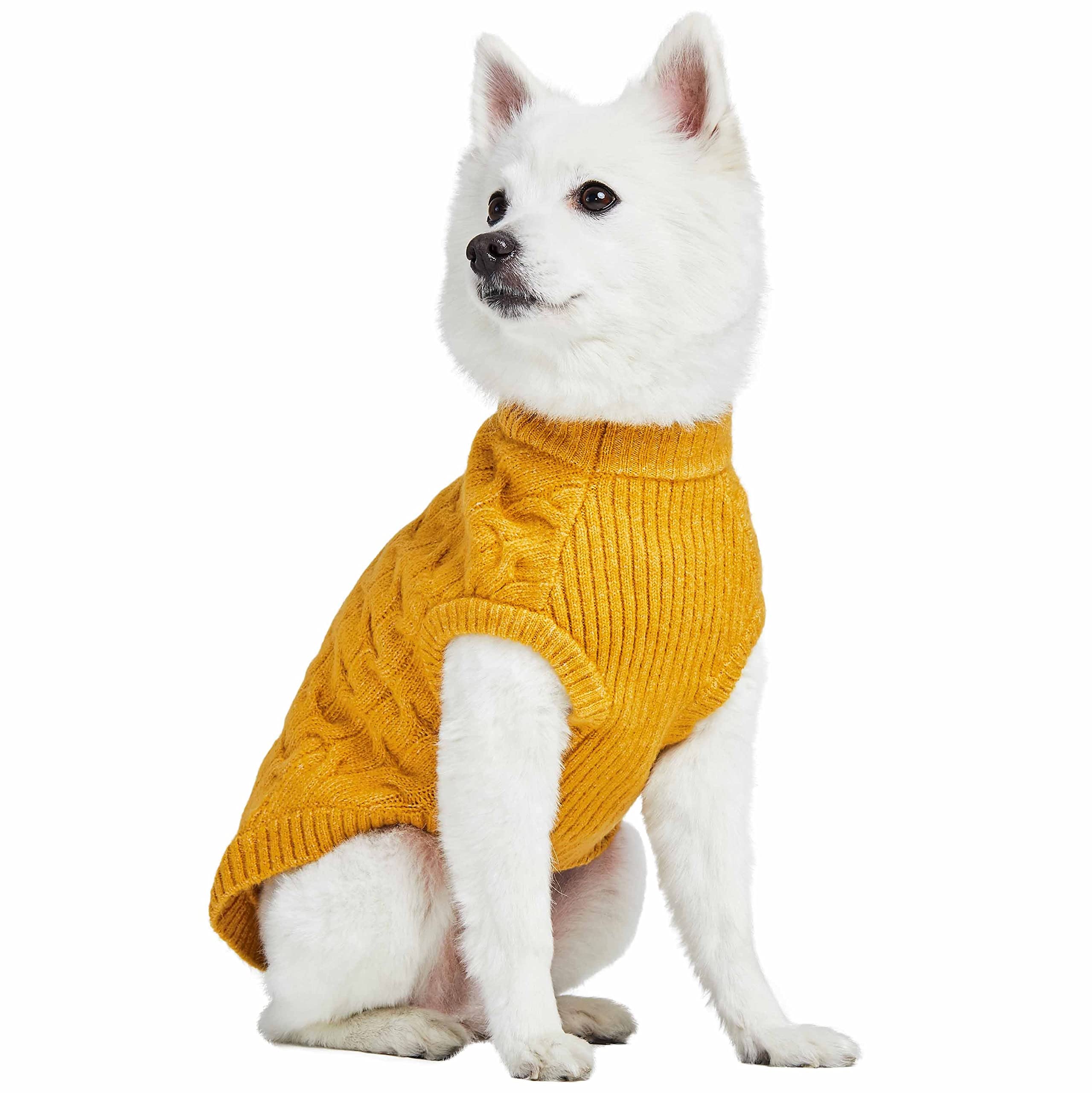 Blueberry Pet Classic Fuzzy Textured Knit Pullover Crew-Neck Dog Sweater In Mustard Yellow, Back Length 22', Pack Of 1 Clothes For Dogs
