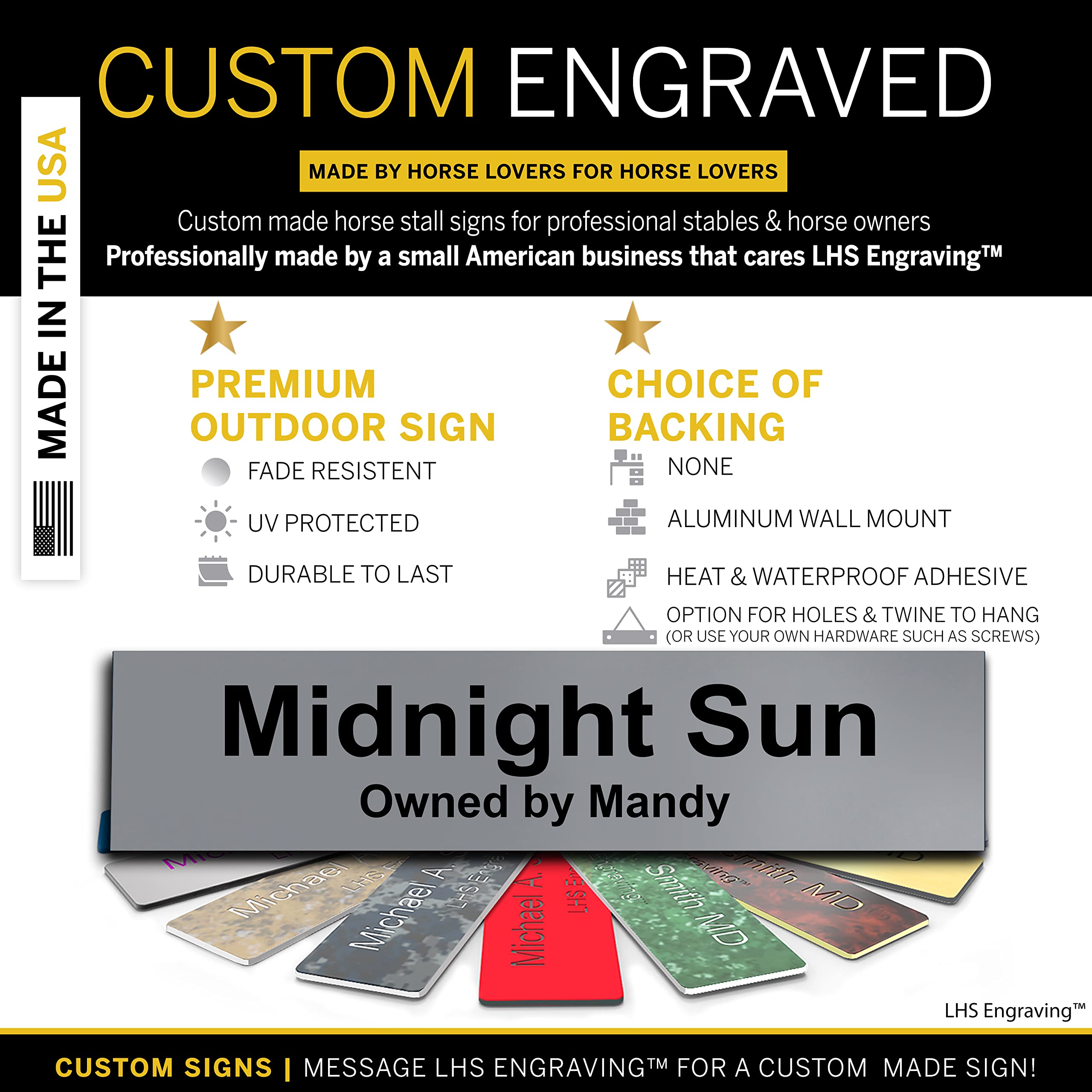 Lhs | Personalized Horse Stall Name Plates, 2X8 Horse Stall Signs With Adhesive, All Weather Uv Protected, Gray Plastic With Bla