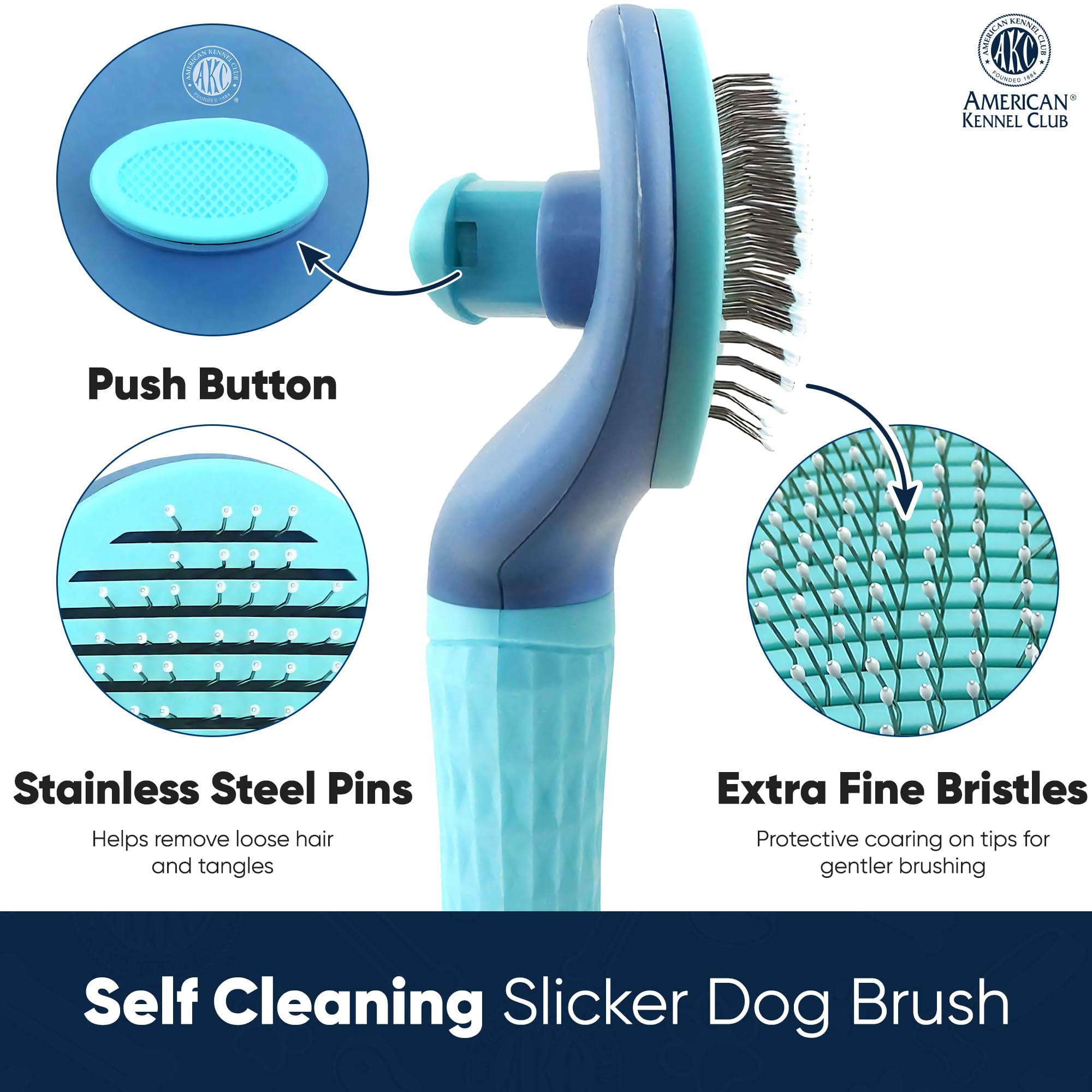 American Kennel Club Akc Self-Cleaning Pet Grooming Slicker Brush For Cats And Dogs, All Breeds And Coat Types