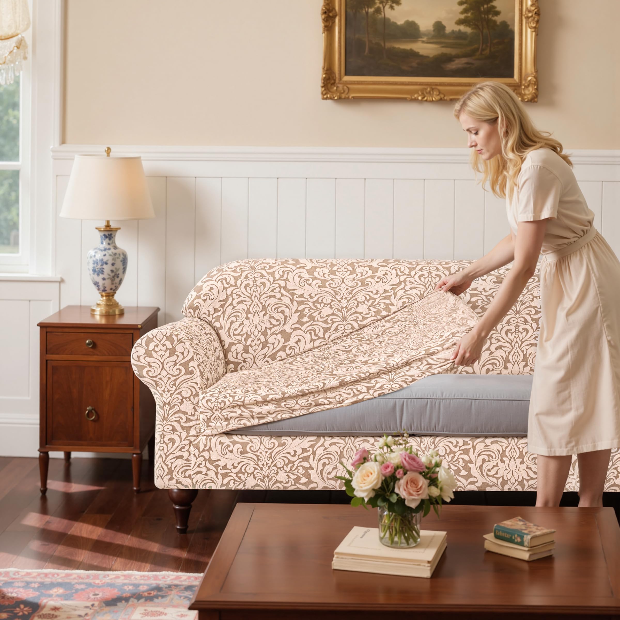 SUBRTEX 2 Piece Couch Covers, Jacquard Damask 3 Seater Sofa Cover with Seat Cushion, Stretch Sofa Slipcovers Non Slip Furniture