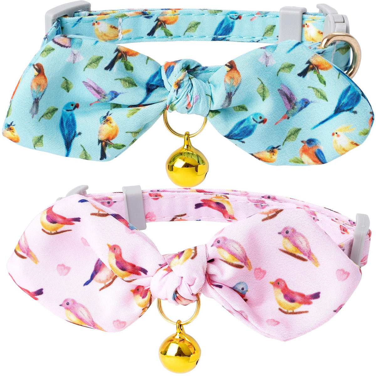 Faygarsle 2 Pack Breakaway Cute Cat Collars With Bell, Cat Collar With Bow For Girl Boy Cats Pink Blue Bird Patterns