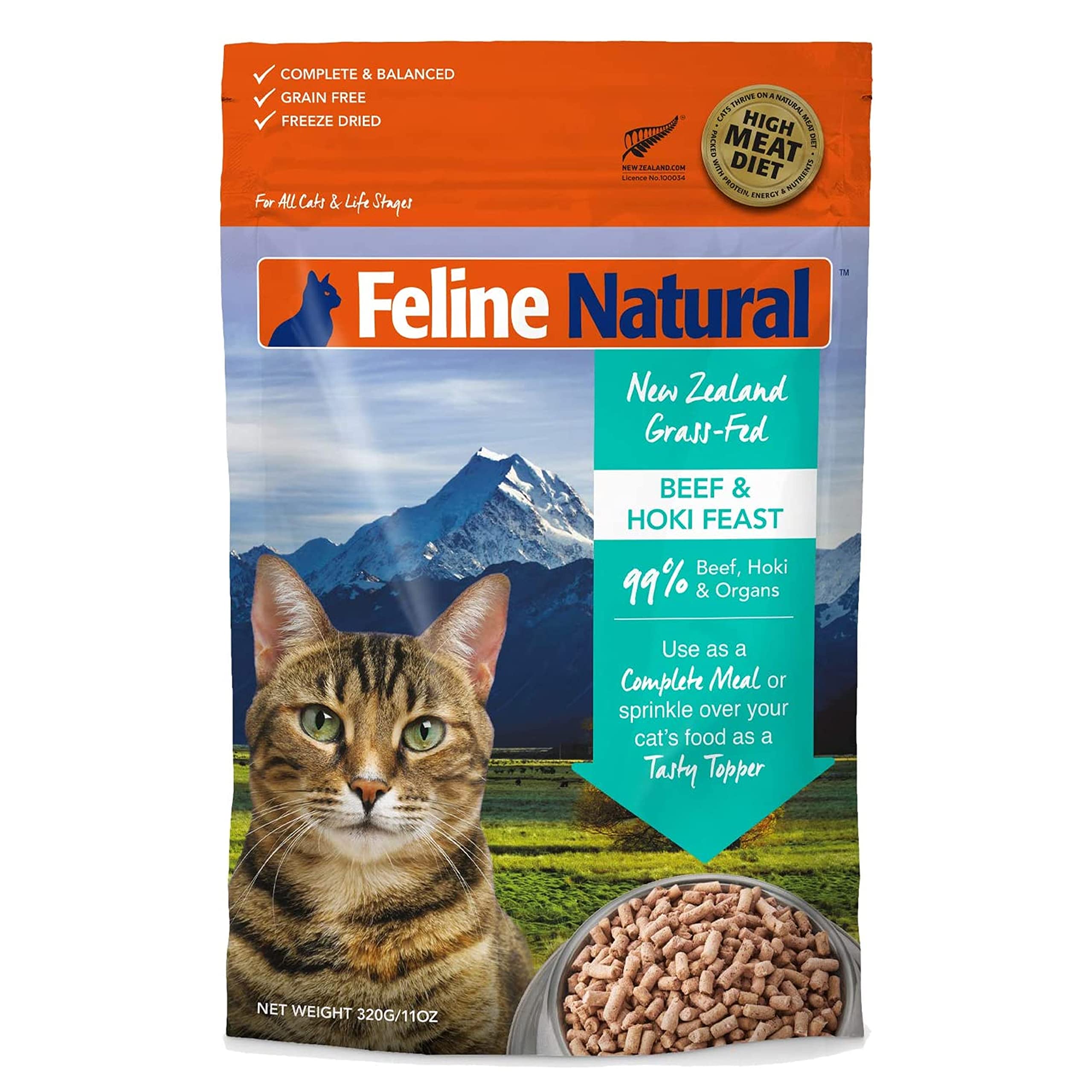 Feline Natural High Protein Dry Cat Food, Freeze-Dried Diet with 98% Meat, Organs & Seafood, No Peas, Grains, or Artificial Addi