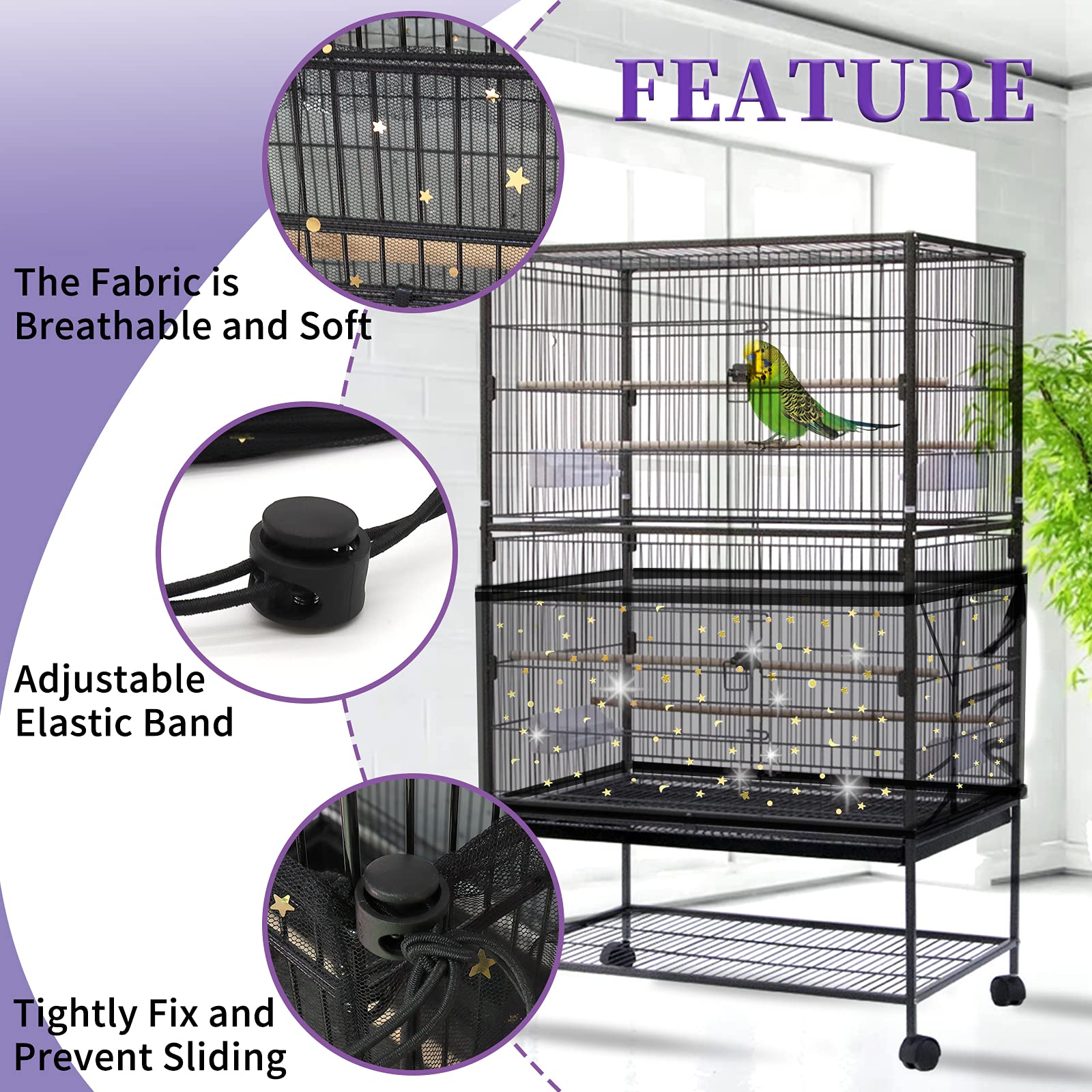 Daoeny 2Pcs Bird Cage Cover, Adjustable Bird Cage Seed Catcher, Large Soft Nylon Mesh Net With Twinkle Moon Star, Birdcage Cover Skirt Seed Guard For Parrot Parakeet Macaw Round Square Cages