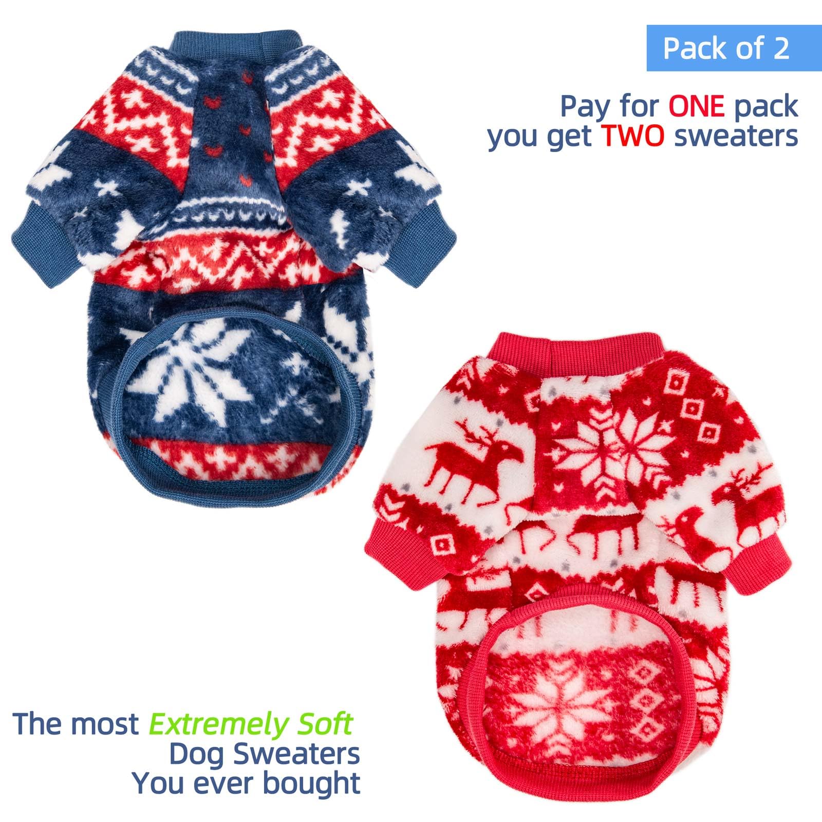 Fabricastle Christmas Dog Sweater, 2-Pack Dog Clothes Xxs Xs, Ultra Soft And Warm Pet Jackets For Small Dogs & Cats, Winter Pet