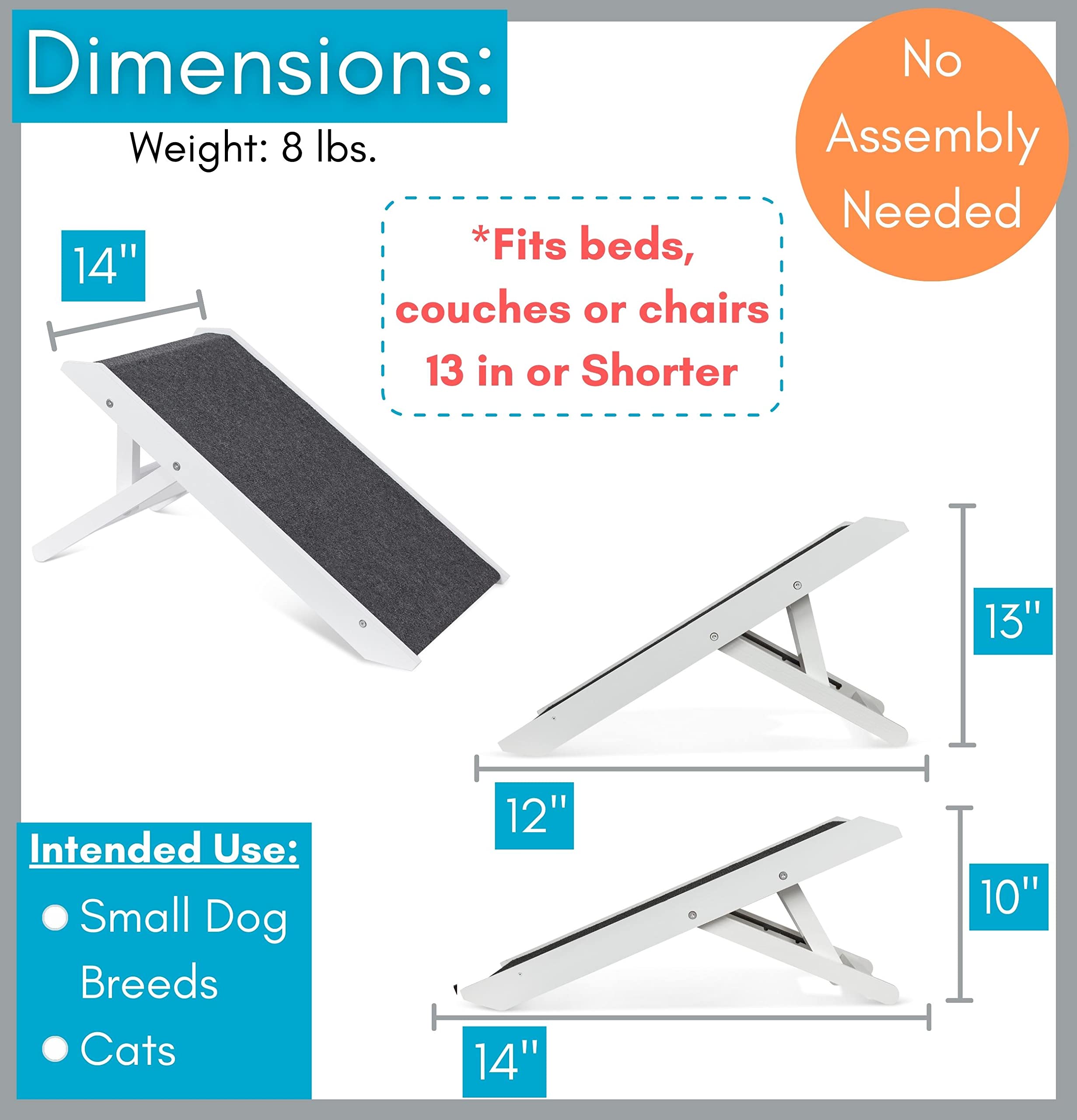 Birdrock Home Adjustable Dog Ramp For Low Beds Or Couches - Small Dogs Or Cats Only - Decorative Wooden Folding Doggie Ramps - Paw Friendly Grip Carpet - White 13'