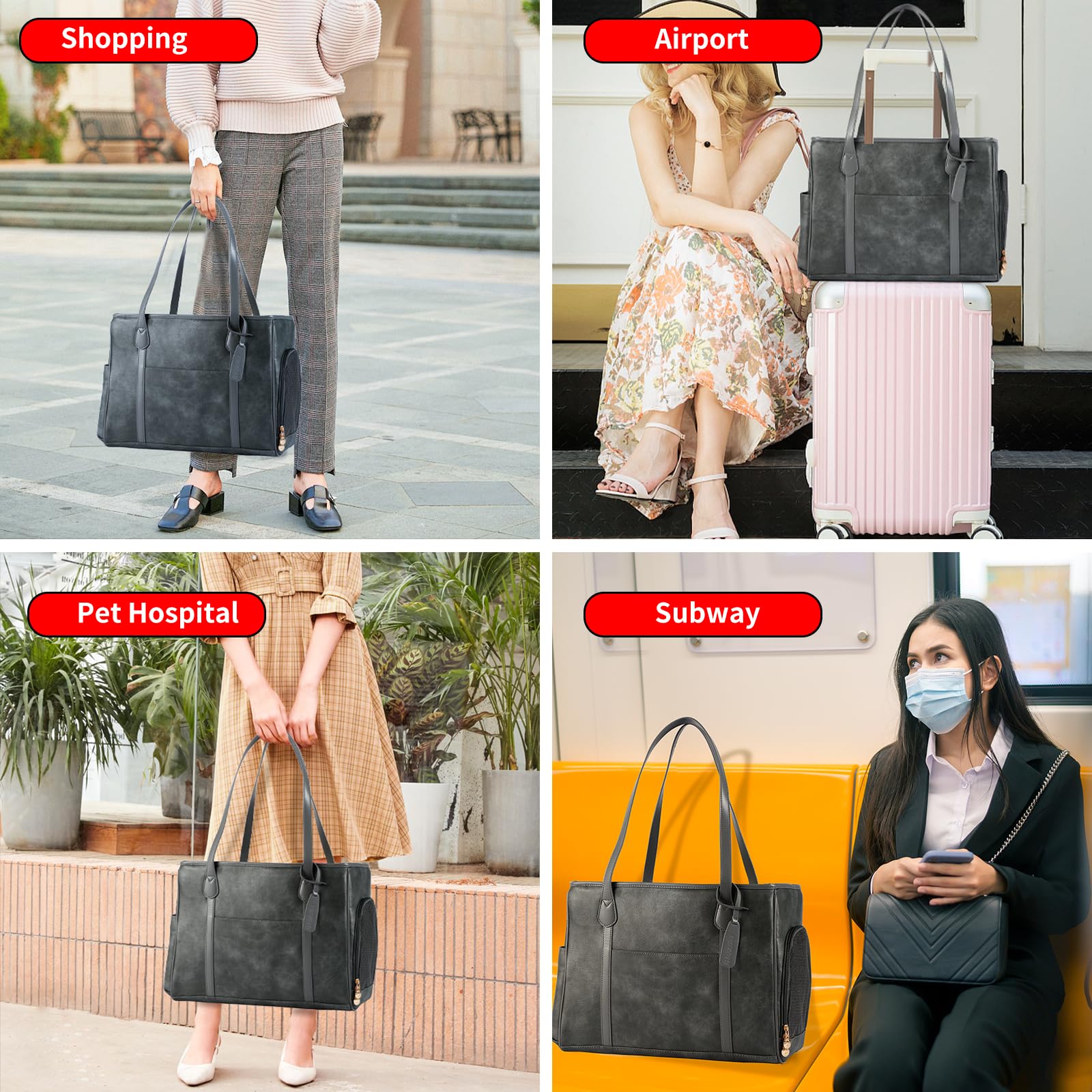 Monanller Stylish Dog Purse Carrier, Leather Pet Carrier Bag For Small Dogs Cats Puppy, Airline Approved Soft-Sided Carrier Grey