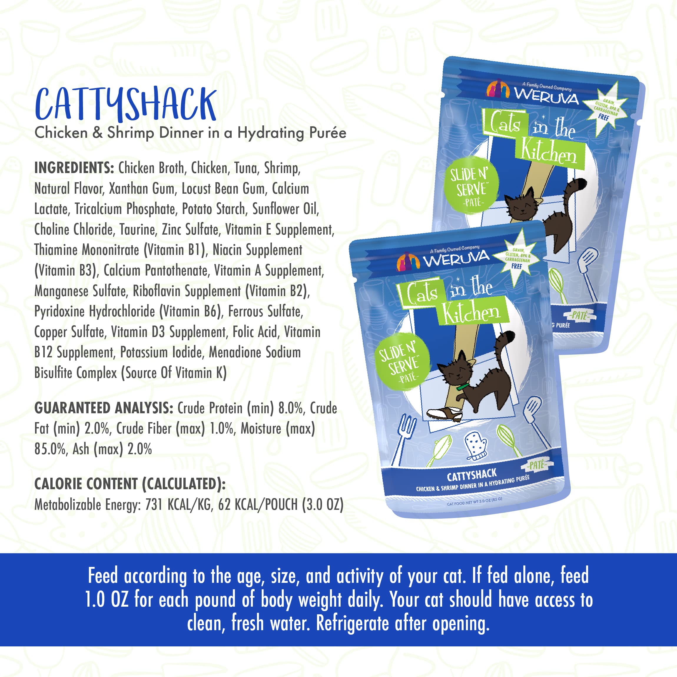 Weruva Cats in The Kitchen Slide N Serve Grain-Free Natural Wet Pate Cat Food Pouches, Cattyshack, 3oz Pouch (Pack of 12)