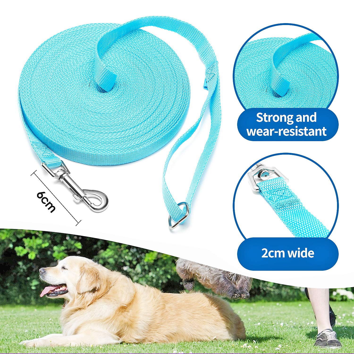 Baapet 15 Ft 20 Ft 30 Ft 50 Ft 100 Ft Long Dog Training Leash For Dog Training, Play, Camping, Or Backyard Lead With Training Clickers For Small, Medium And Large Dogs Or Cats (20 Feet, Skyblue)