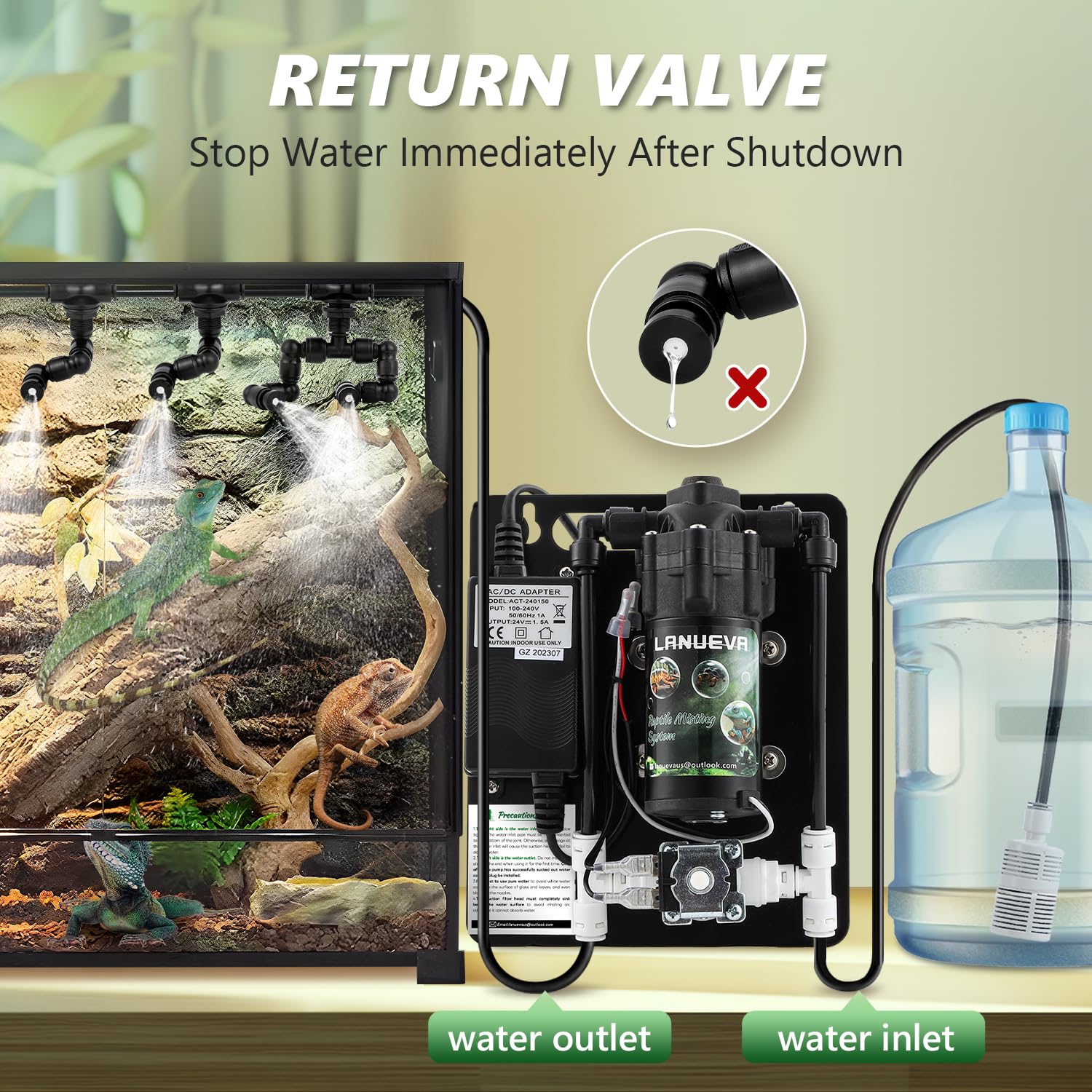LANUEVA Reptile Humidifier, Quieter Mister Fogger for Terrarium with 4 Single Misting Nozzle + 2 Double Misting Nozzle, Reptile
