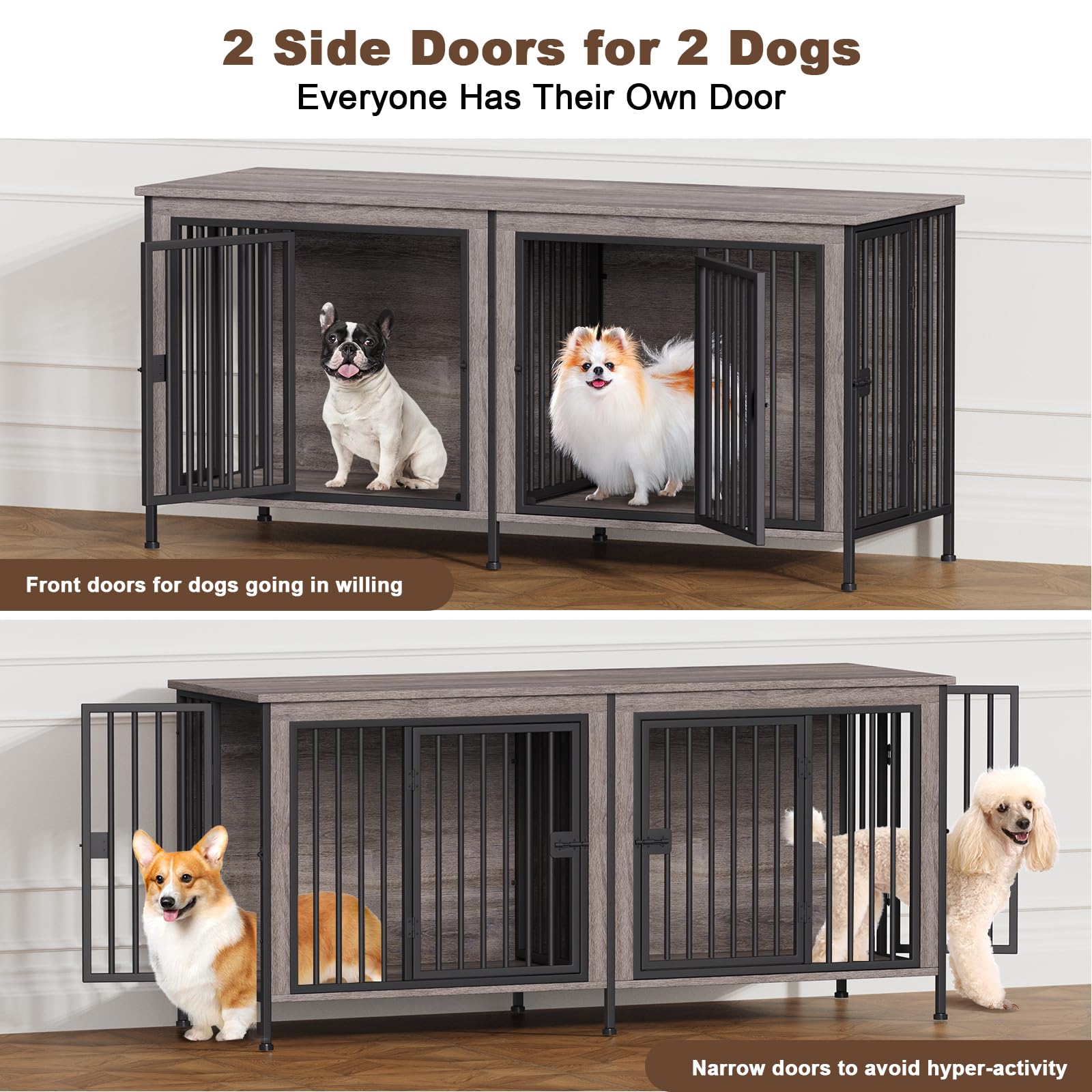 EasyCom 63 Dog Cage Furniture for 2 Pets with Divider, XL Wooden Double Dog Crate Furniture TV Stand for Mideum Breed, Durable a
