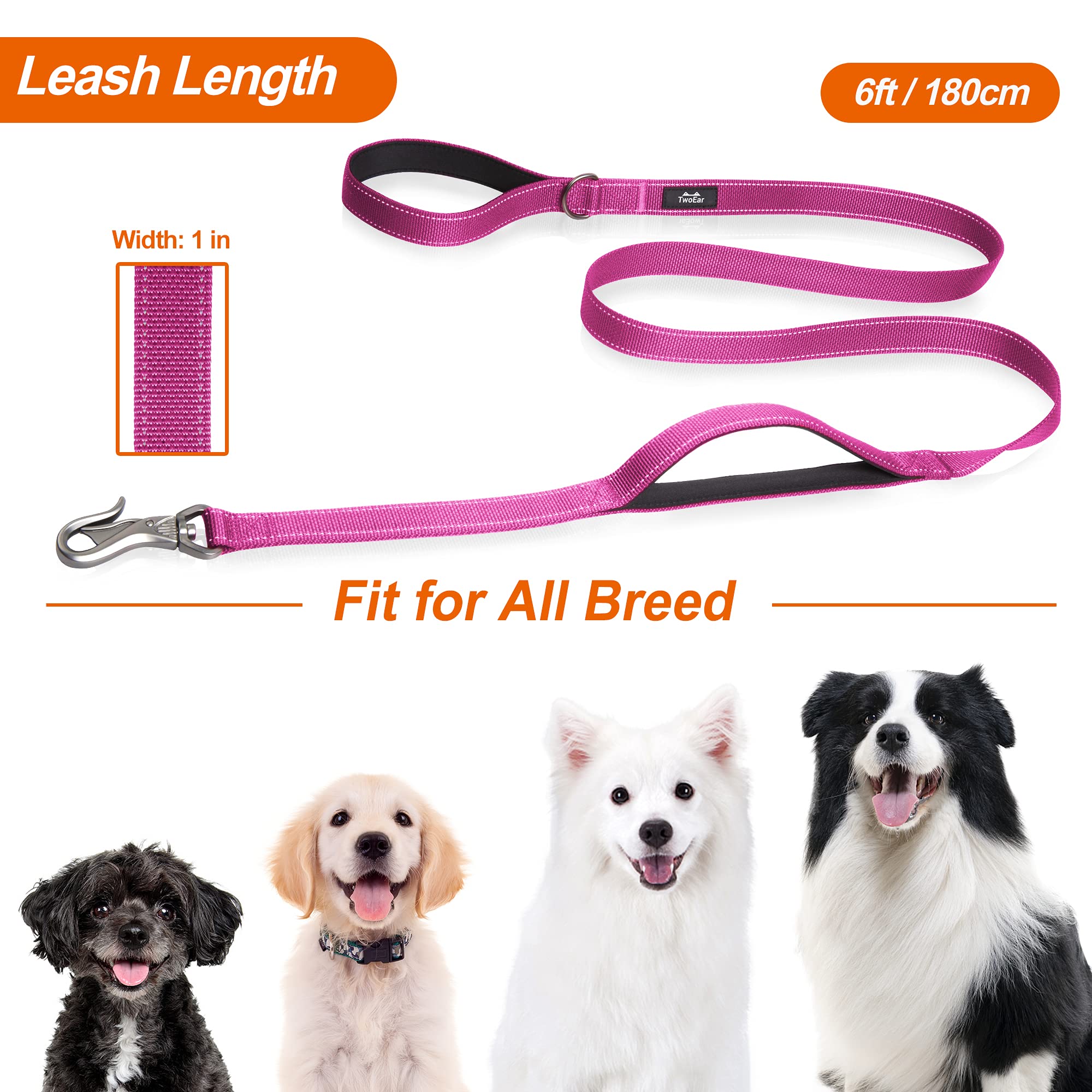 Twoear 6Ft 1In Strong Rose Dog Leash With 2 Padded Handles, Traffic Handle Extra Control, Comfortable Soft Dual Handle, Auto Lock Hook, Reflective Walking Lead For Small Medium And Large Dogs