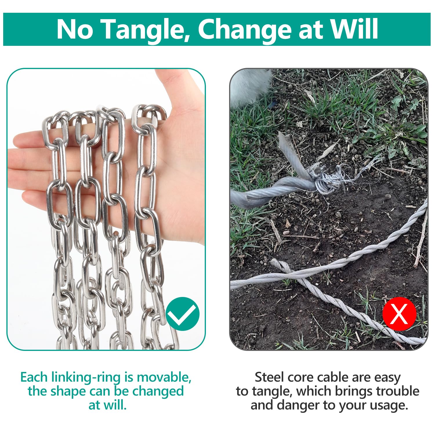 Tresbro Heavy Duty Dog Chains For Outside, 10Ft Stainless Steel Tie Out Cable With Swivel Hook For Large Dogs, Metal Chew Proof