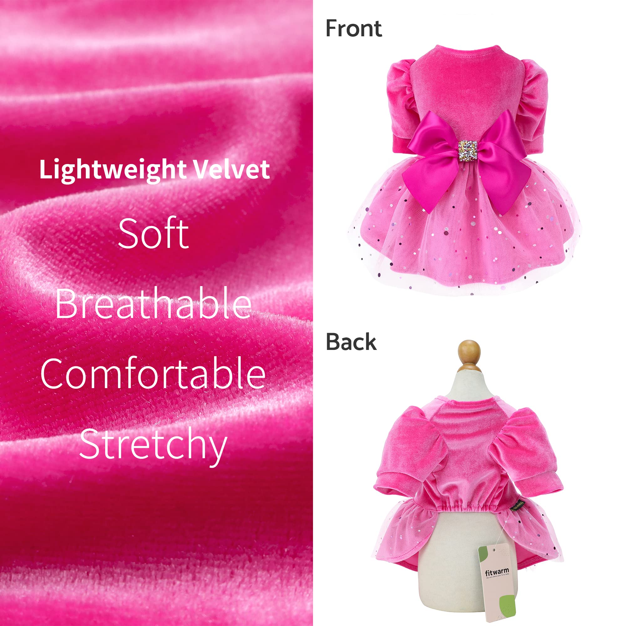 Fitwarm Fancy Dog Tulle Dress, Dog Winter Clothes For Small Dogs Girl, Female Pet Birthday Outfit, Lightweight Velvet, Pink, Med