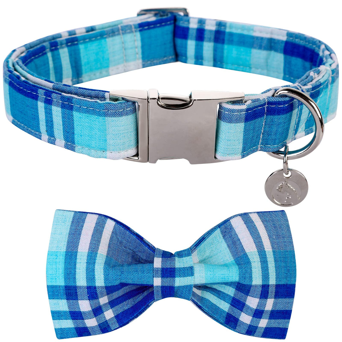 Dogwong Dog Collar With Bowtie, Blue Plaid Dog Collar Comfortable Durable Checked Dog Collar For Small Medium Large Dog