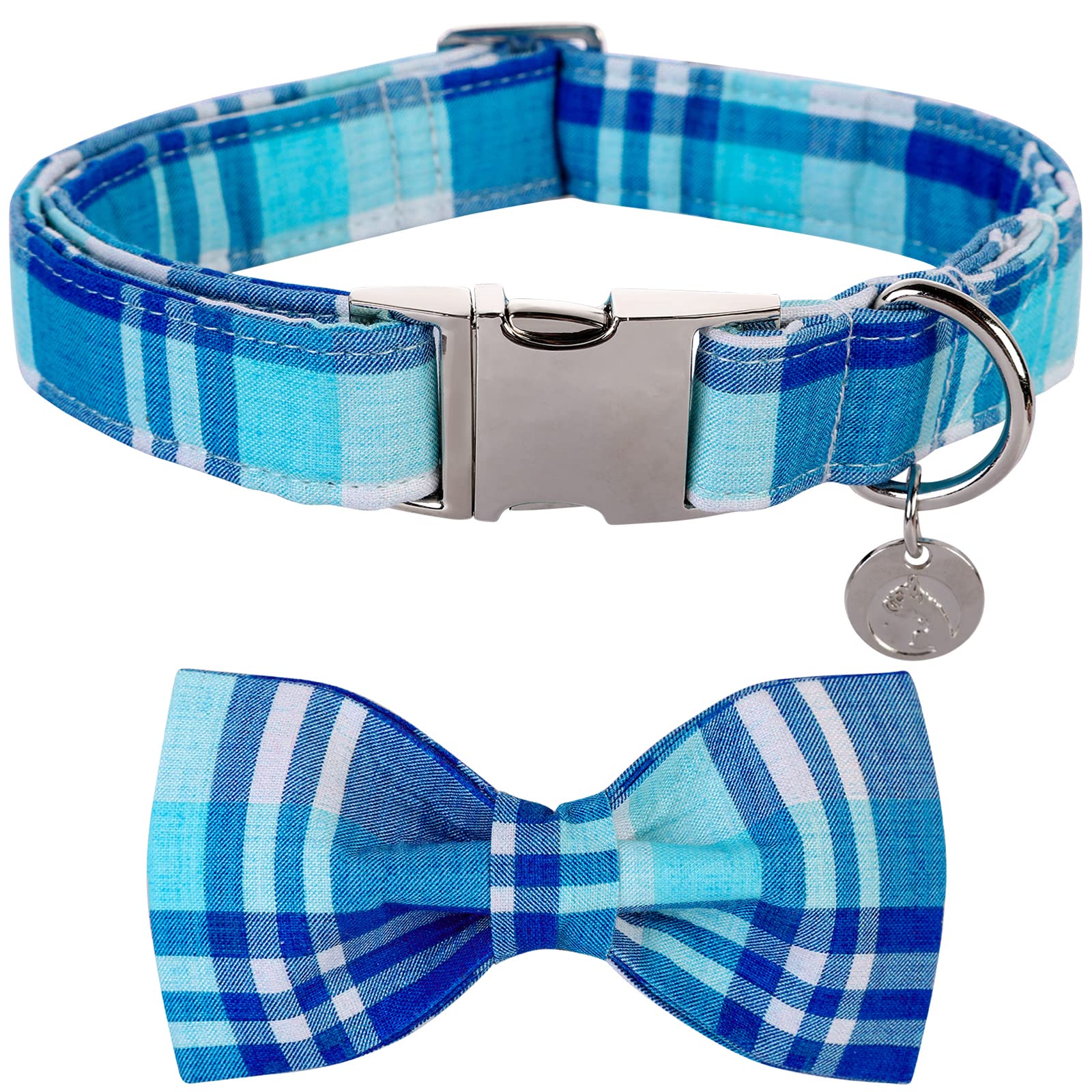 Dogwong Plaid Dog Collar With Bow Tie - Summer Cotton Blue Plaid Pet Collar, Comfortable And Cute For Small, Medium, Large Dogs