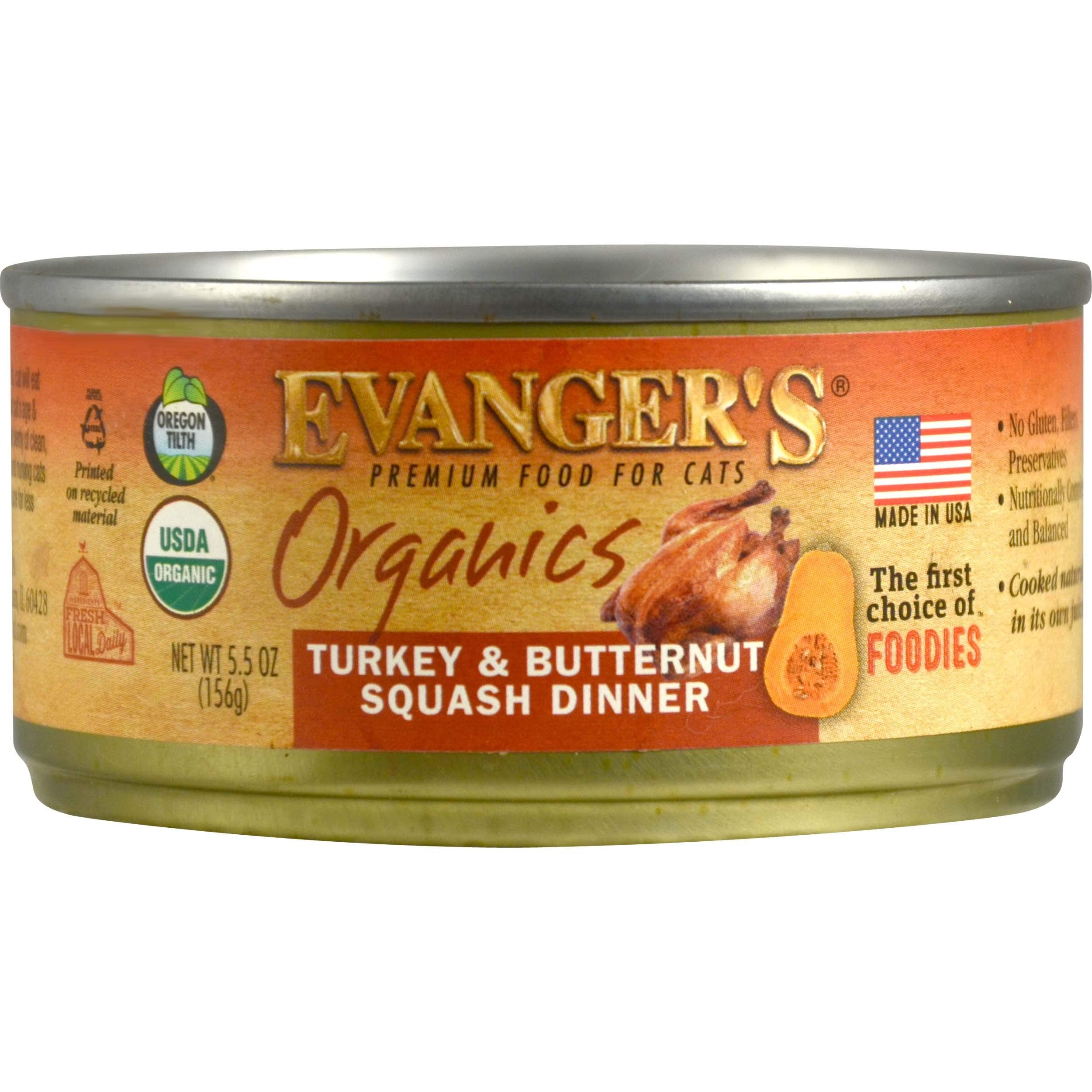 Evangers Organics Turkey & Butternut Squash Dinner for Cats - 24 Count, 5.5 oz Each - Qualified Organic, Grain Free, Holistic, 