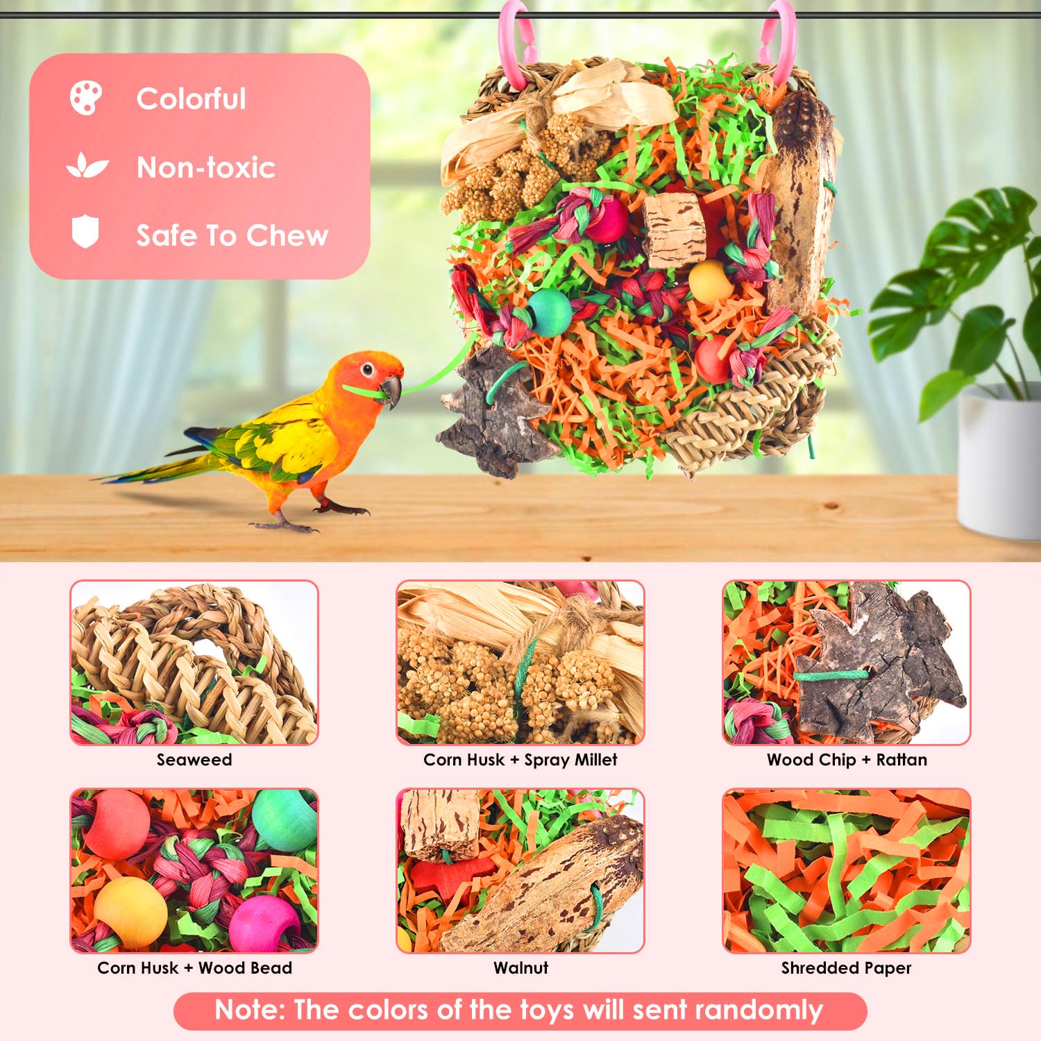 Katumo Bird Toys, Parakeet Toys Conure Grass Mat Foraging Toys Parrot Shredding Hanging Toys For Cockatiel Lovebird Parakeet Bud