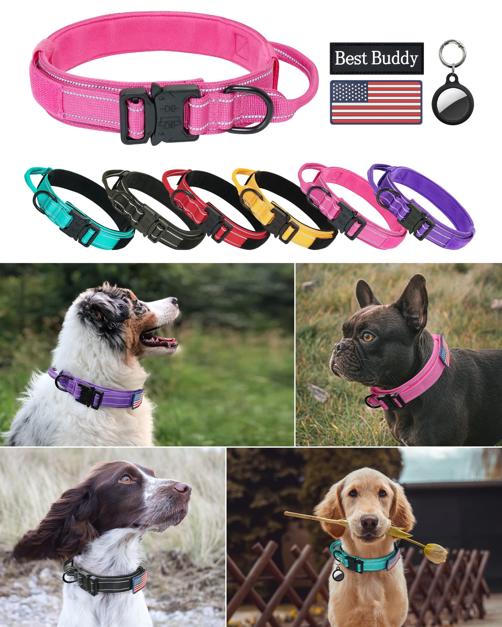 Aubell Reflective Dog Collar, Tactical Dog Collar Adjustable Military Nylon Collars With Handle And Heavy Duty Metal Buckle For Medium Large Dogs, With 2 Patches And Airtag Case Holder (Hotpink, Xl)