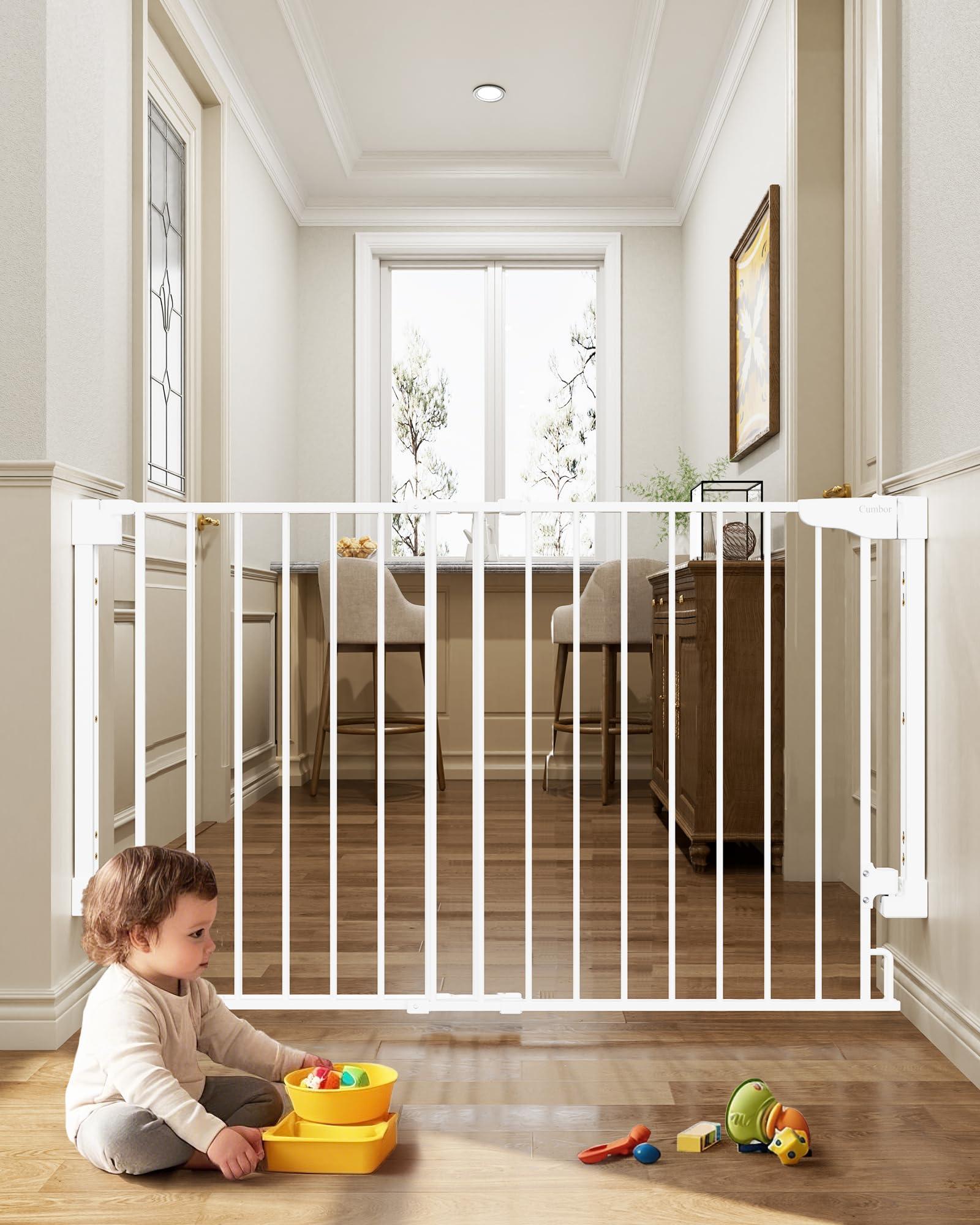 Cumbor Expandable 31.6-48 Baby Gate for Stairs, Wall-Mounted, 2-in-1 No Bottom Bar Dog Gate Indoor, Auto Close Pet Gate for Door