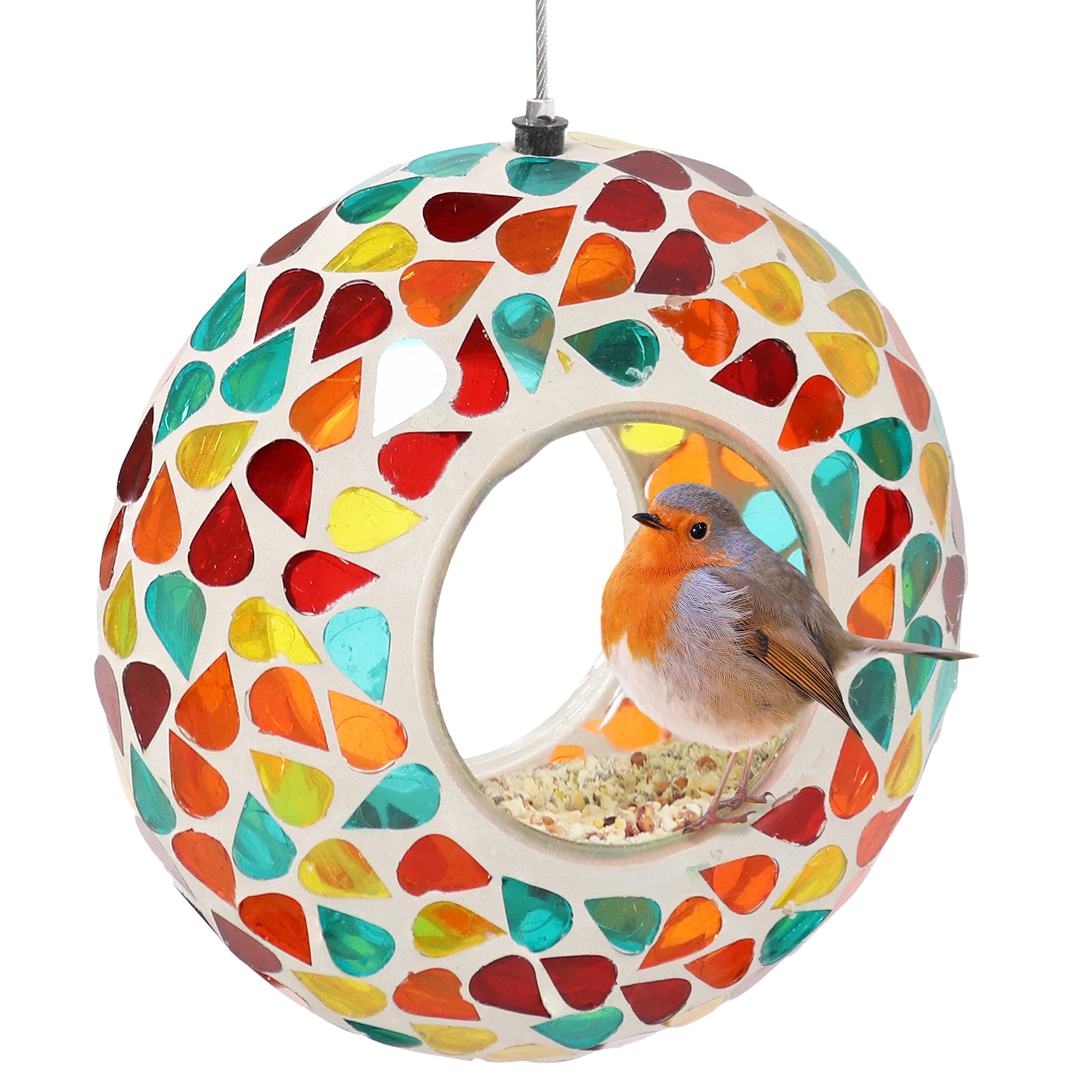 Sunnydaze 6-Inch Round Decorative Fly-Through Hanging Bird Feeder - Confetti Mosaic