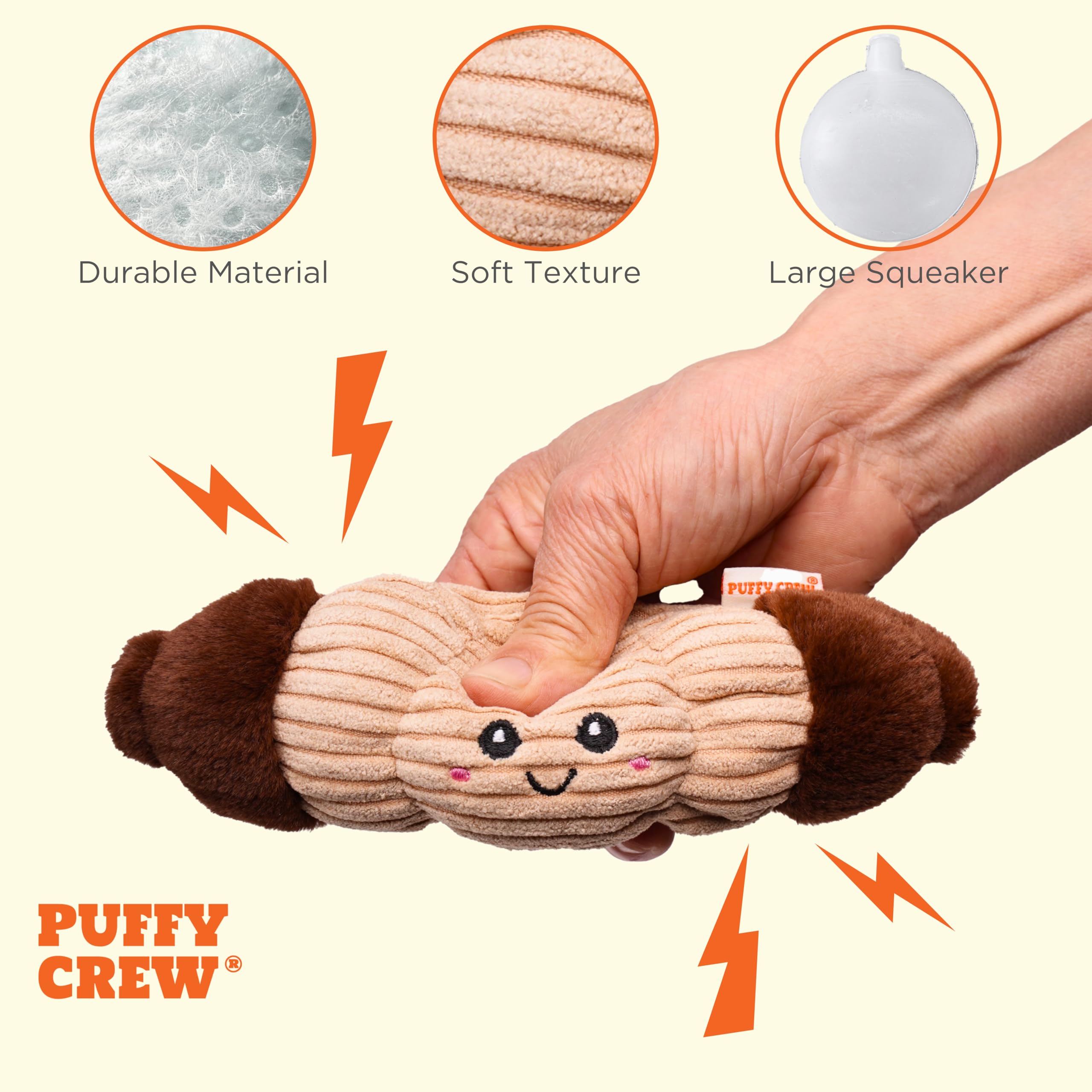 Puffy Crew Squeaky Dog Plush Toy, Bakery Bite_Stick Collection, 8', For Small And Medium Dogs (Croissant, Small)