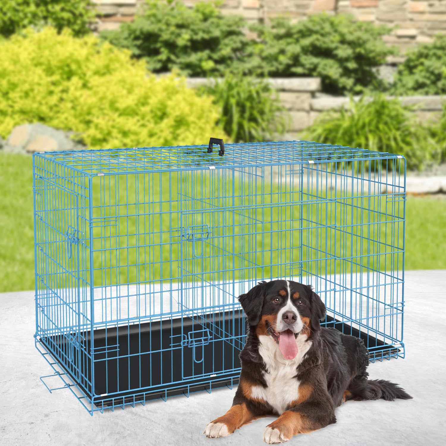 Home For Pets Dog Crate Cage Extra Folding Large Double Door Pet Crate,Includes Divider And Tray,48,Blue