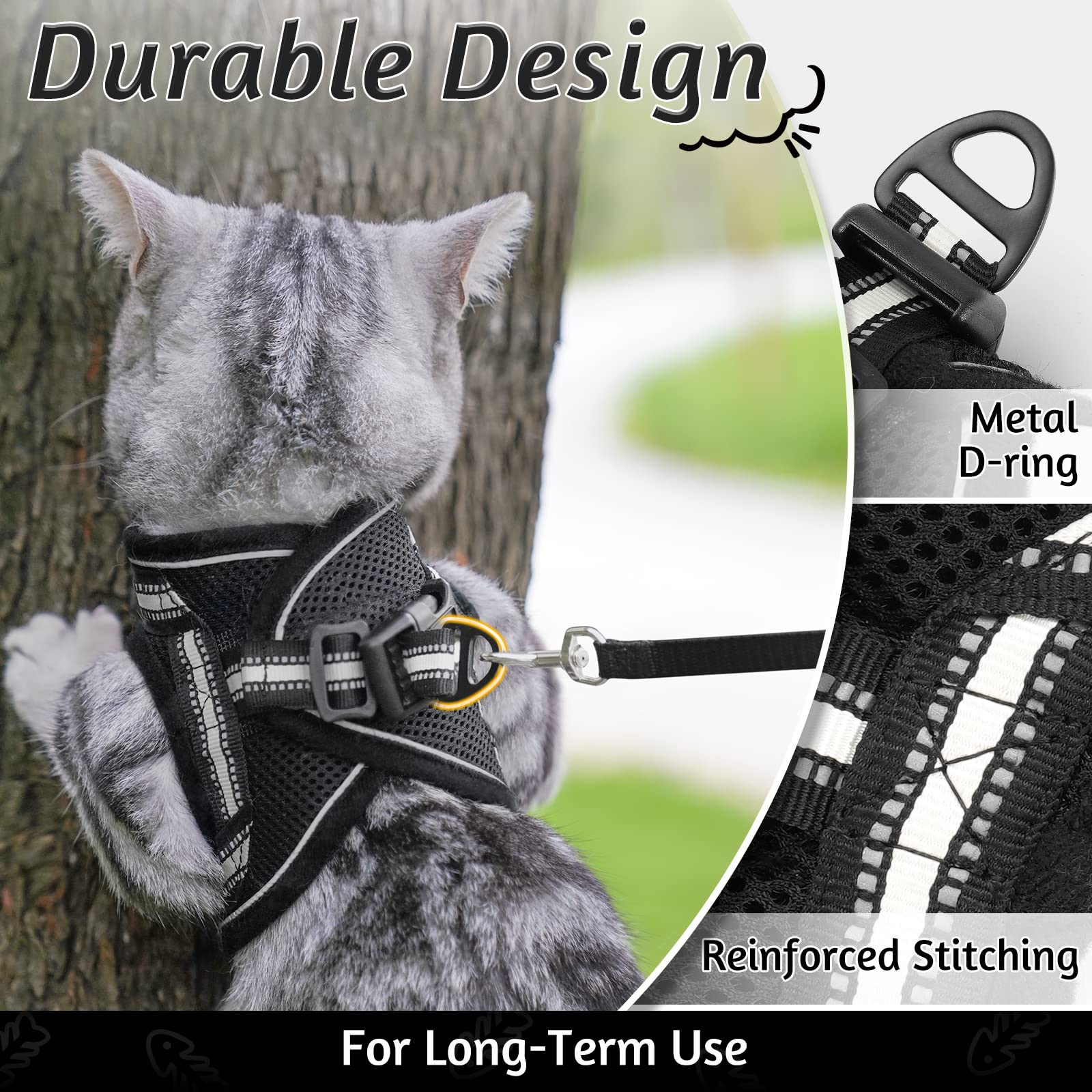 Rabbitgoo Cat Harness And Leash Set For Walking Escape Proof, Adjustable Soft Kittens Vest With Reflective Strip For Cats, Comfortable Outdoor Vest, Black, L