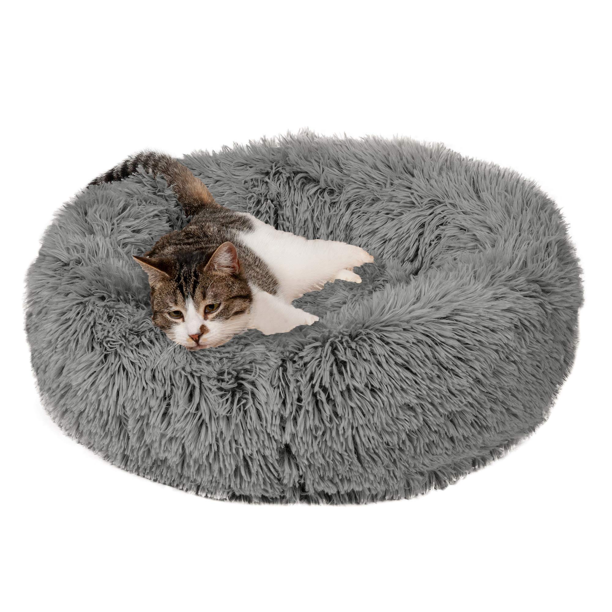 Furhaven 23 Round Calming Donut Dog Bed for Indoor Cats & Small Dogs, Washable, For Dogs Up to 20 lbs - Shaggy Plush Long Faux F