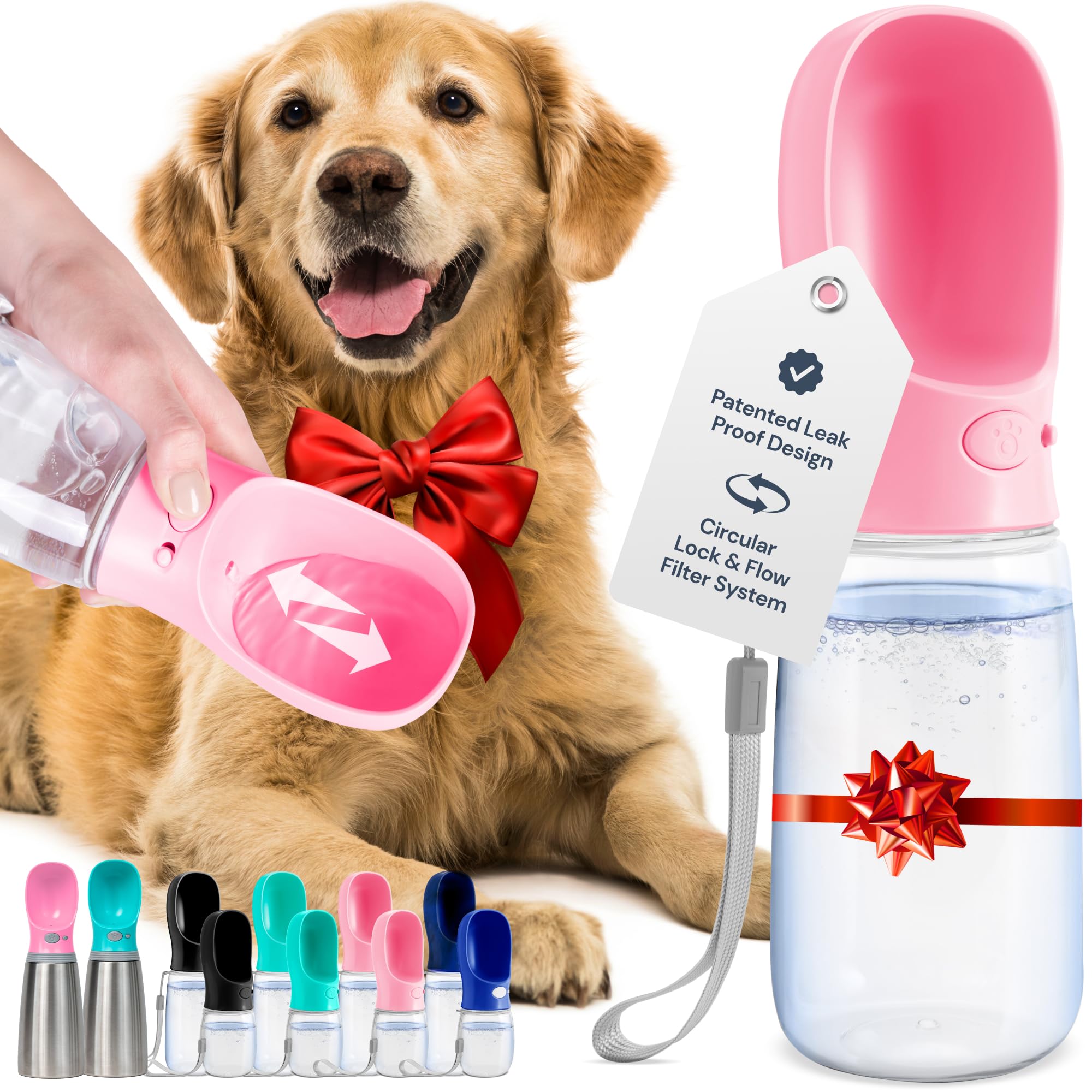 Malsipree Dog Water Bottle Portable - Lightweight Water Bottle For Dogs - Dog Travel Water Bottle With Bowl - Dog Walking Accessories - Leak Proof Portable Dog Water Bottle (19Oz, Pink Color)