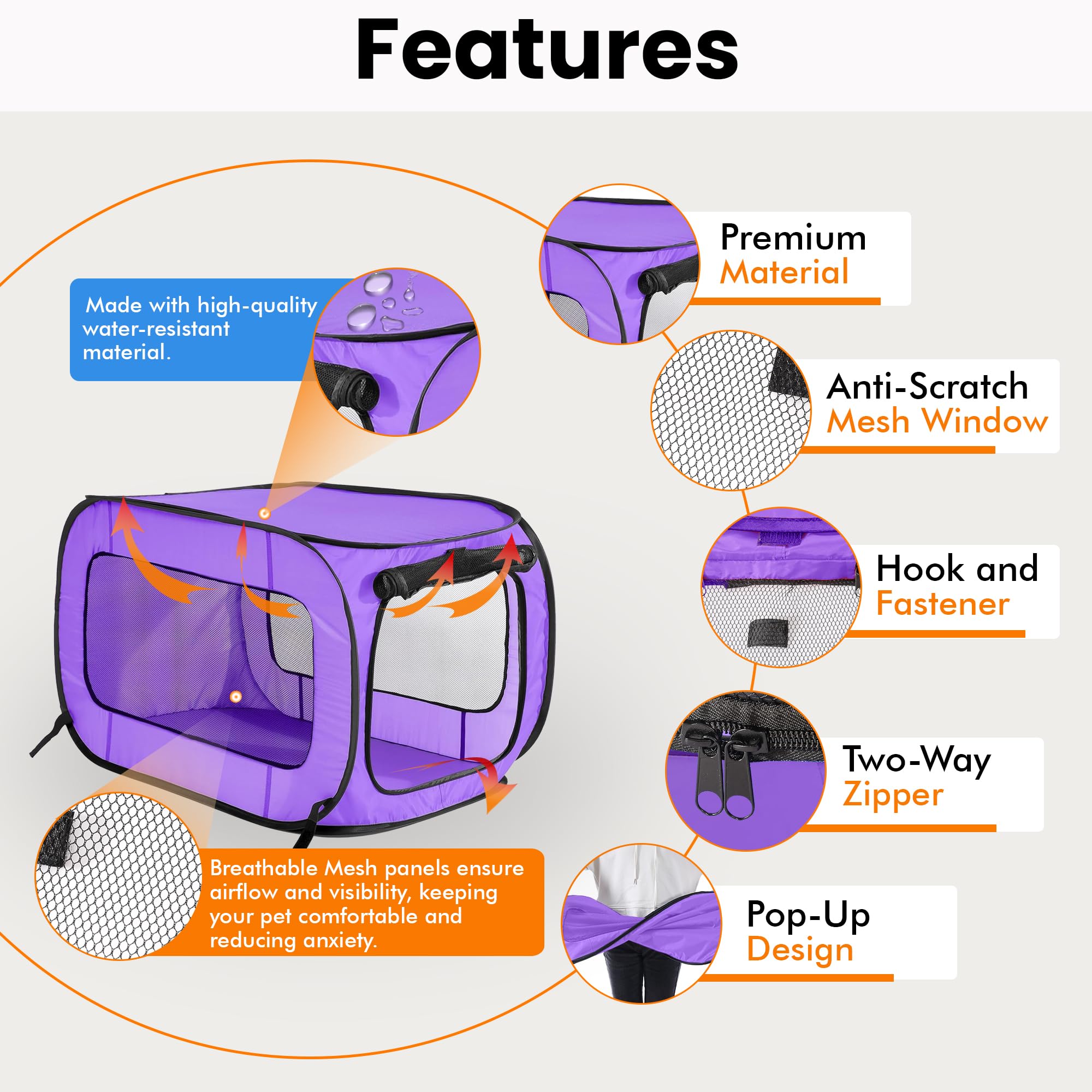 Beatrice Home Fashions Portable, Collapsible, Pop Up Kennel Travel Cat And Dog Crate, 24' L X 16.6' W X 16' H, Purple