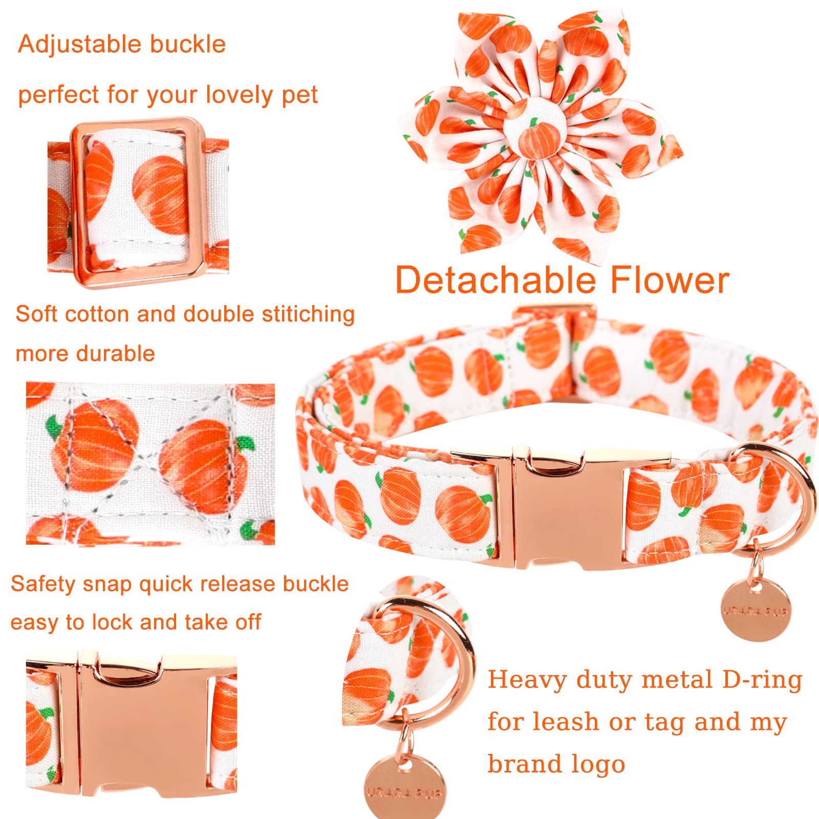 Up Urara Pup Halloween Dog Collar With Flower, Pumpkin Cotton Flower Collar For Medium Girl Boy Dog, Fall Dog Collar Flower With Durable Metal Buckle, Adorable Pumpkin Pet Collar, M, Neck 13.5-22In