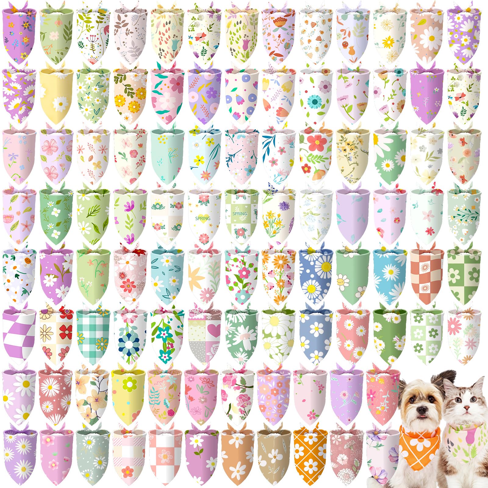Huhumy 100 Pcs Spring Floral Dog Bandanas Bulk Pet Bibs Colorful Triangle Scarf Floral Pet Bandanas for Medium Large Dogs Spring