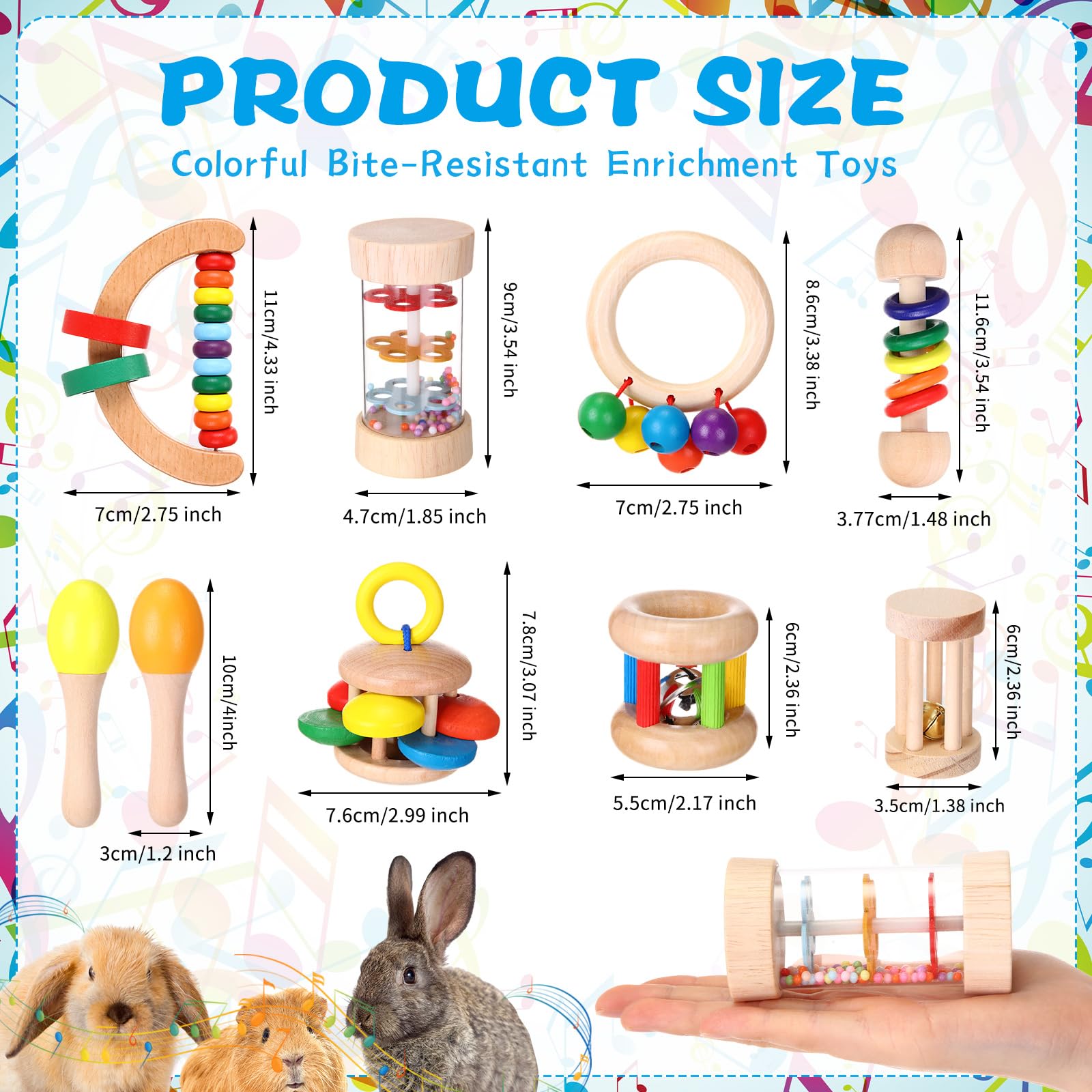 Halloscume 9 Pcs Wooden Rabbit Toys For Bunnies Boredom,Safe Bunny Toys For Indoor Bunnies, Multi Colored Guinea Pigs Toys For S