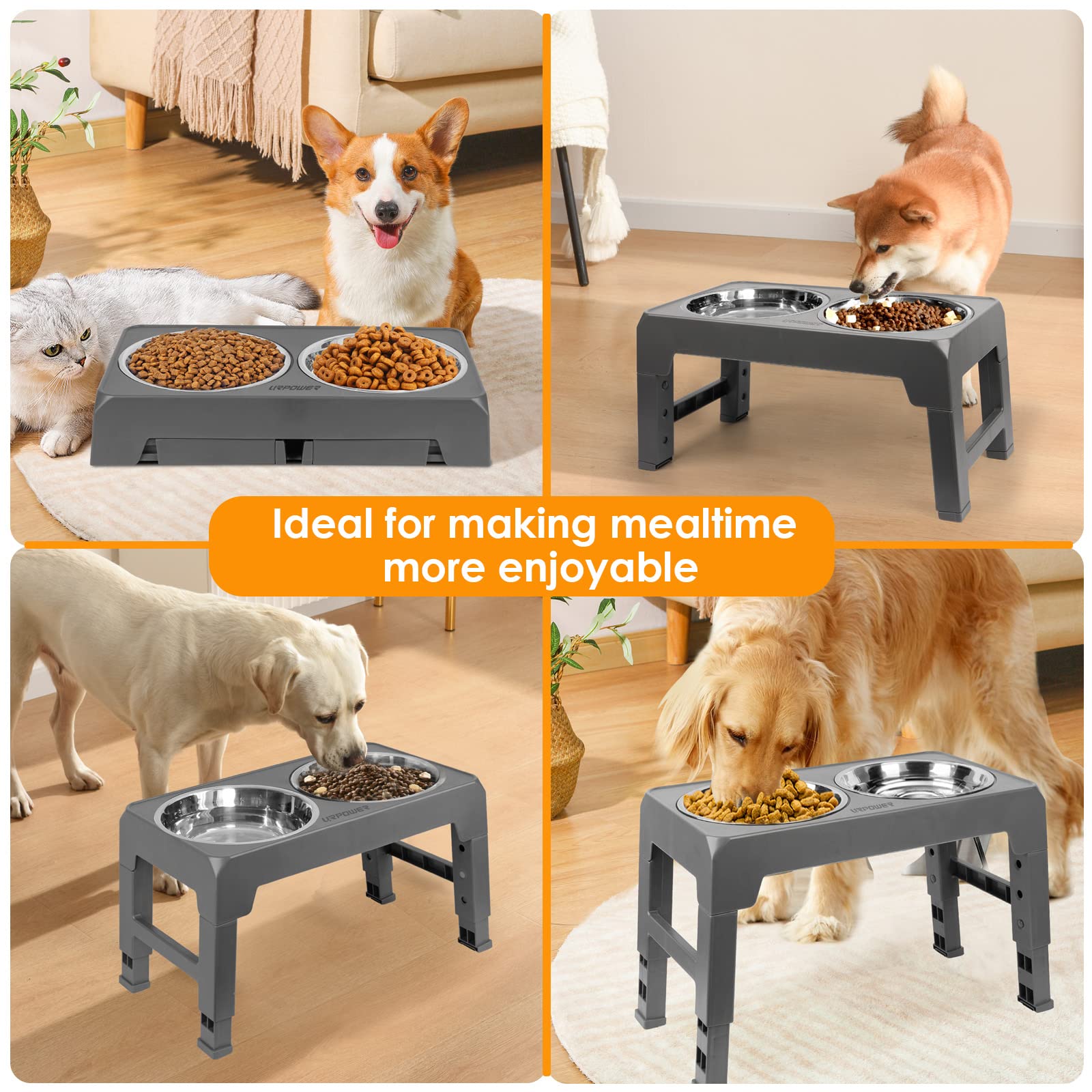 URPOWER Elevated Dog Bowls 4 Height Adjustable Raised Dog Bowl with 2 Stainless Steel Food and Water Bowls Non-Slip Bowl Stand A