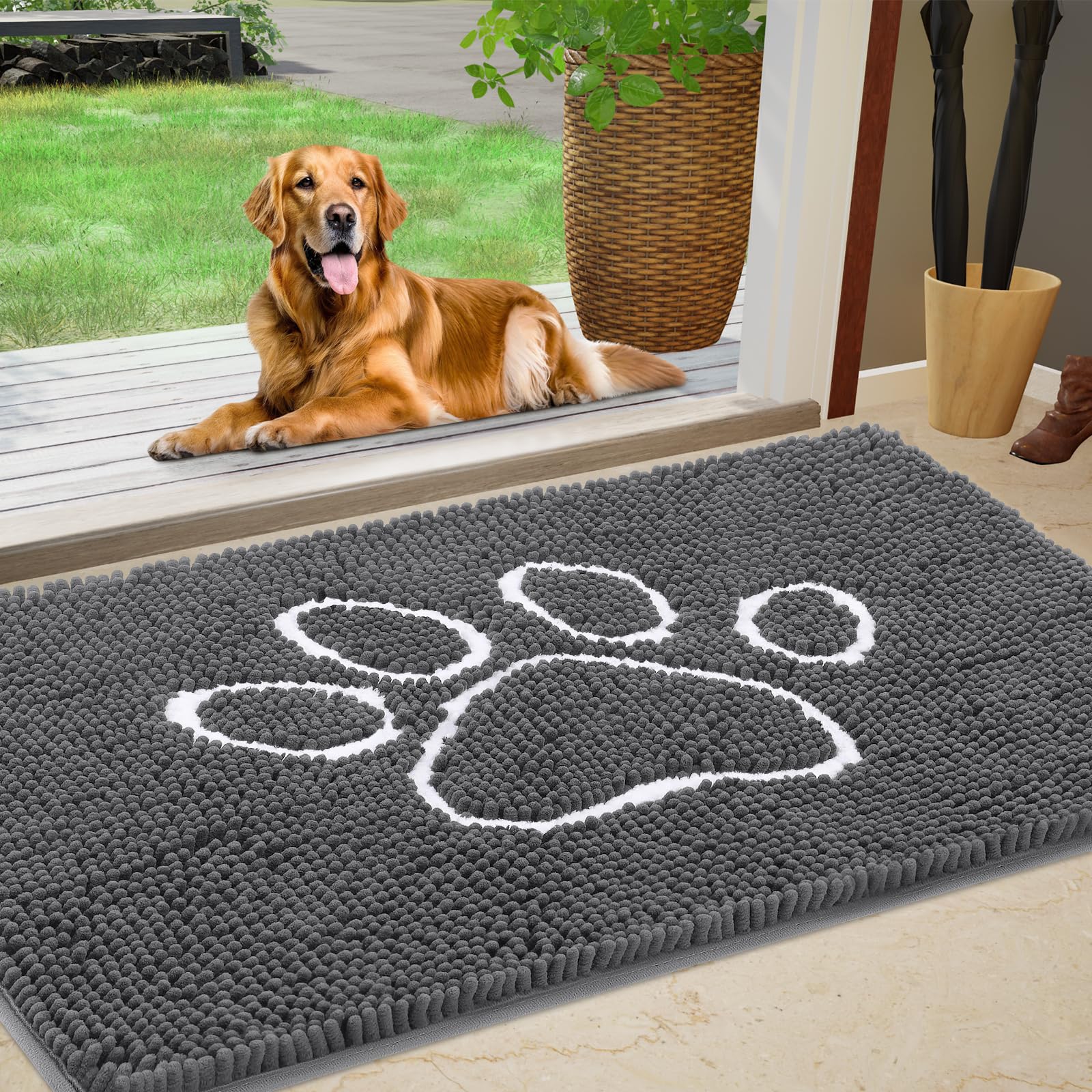 Dog Door Mat for Muddy Paws, Pet Rug Chenille Absorbent Outdoor Doormat 48 x 30 , Non Slip Heavy Indoor Doormat Soft Front Insid