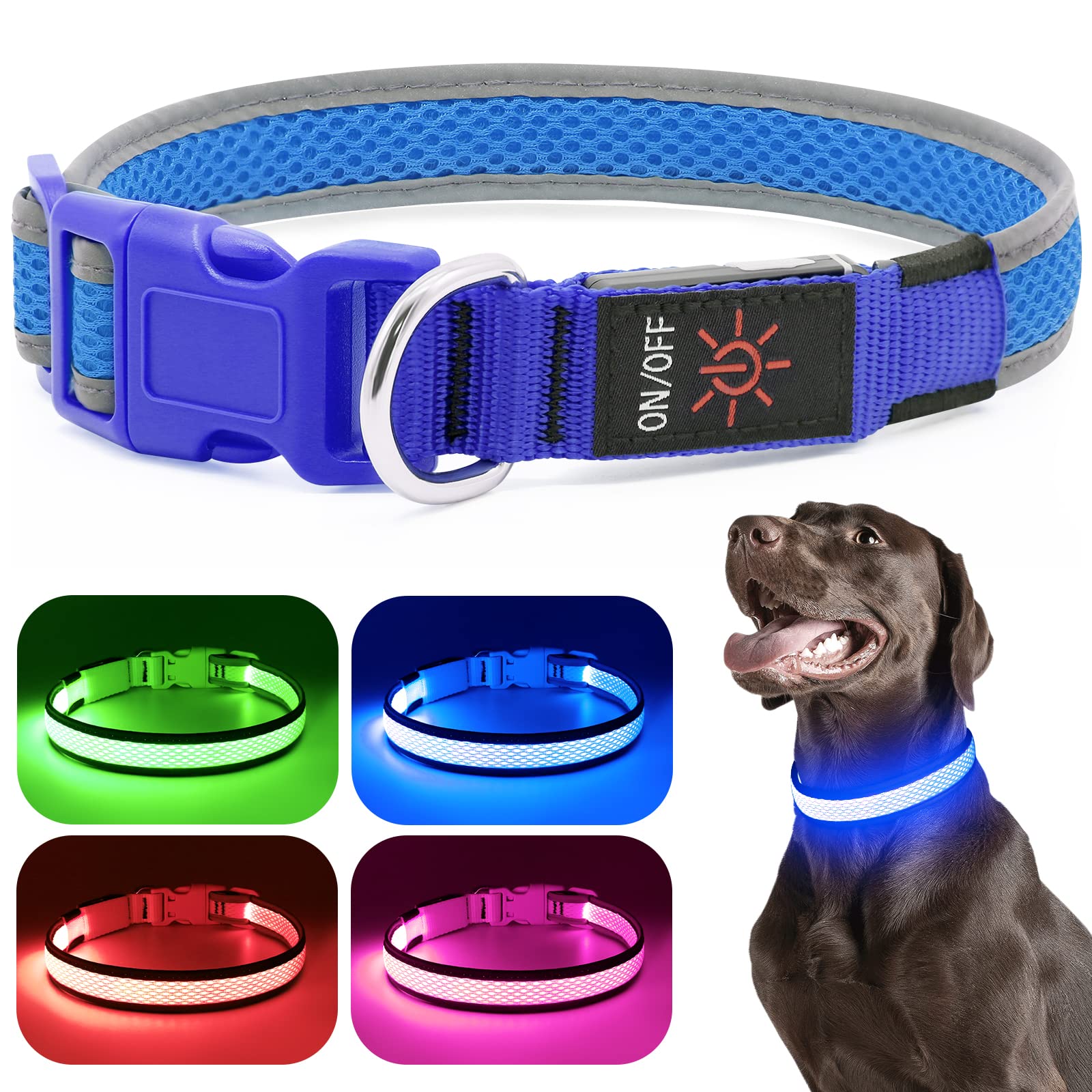Flashseen Led Dog Collar,Usb Rechargeable Light Up Dog Collar Lights,Adjustable Comfortable Soft Mesh Safety Dog Collar For Small,Medium,Large Dogs(Large, Royal Blue)