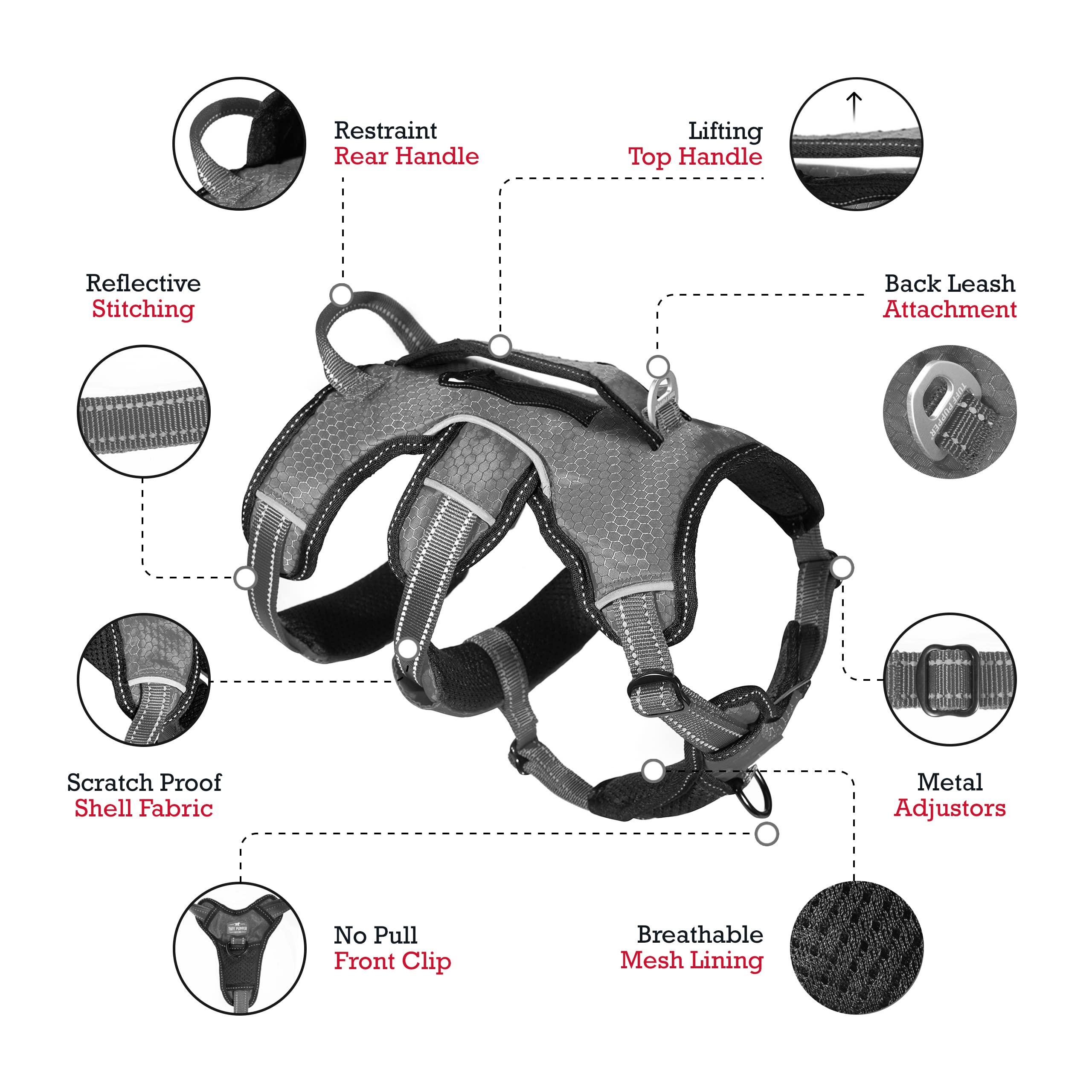 Tuff Pupper Updated For 2024 - Tracker No Escape Dog Harness | Dual Escape Proof Leash Attachments | 5 Point Adjustable Fit Harn