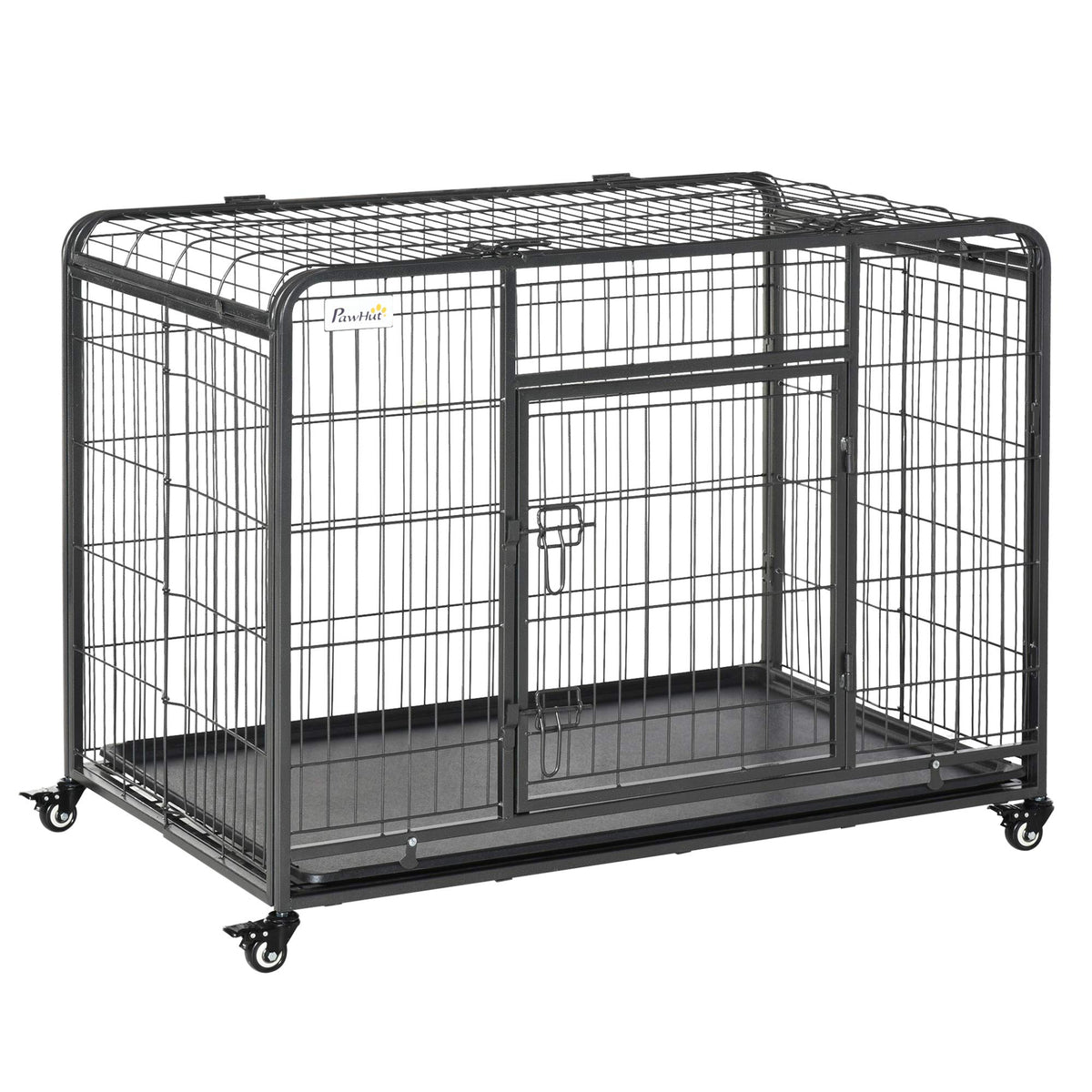 Pawhut Folding Design Heavy Duty Metal Dog Cage Crate & Kennel With Removable Tray And Cover, & 4 Locking Wheels, Indoor/Outdoor 43'