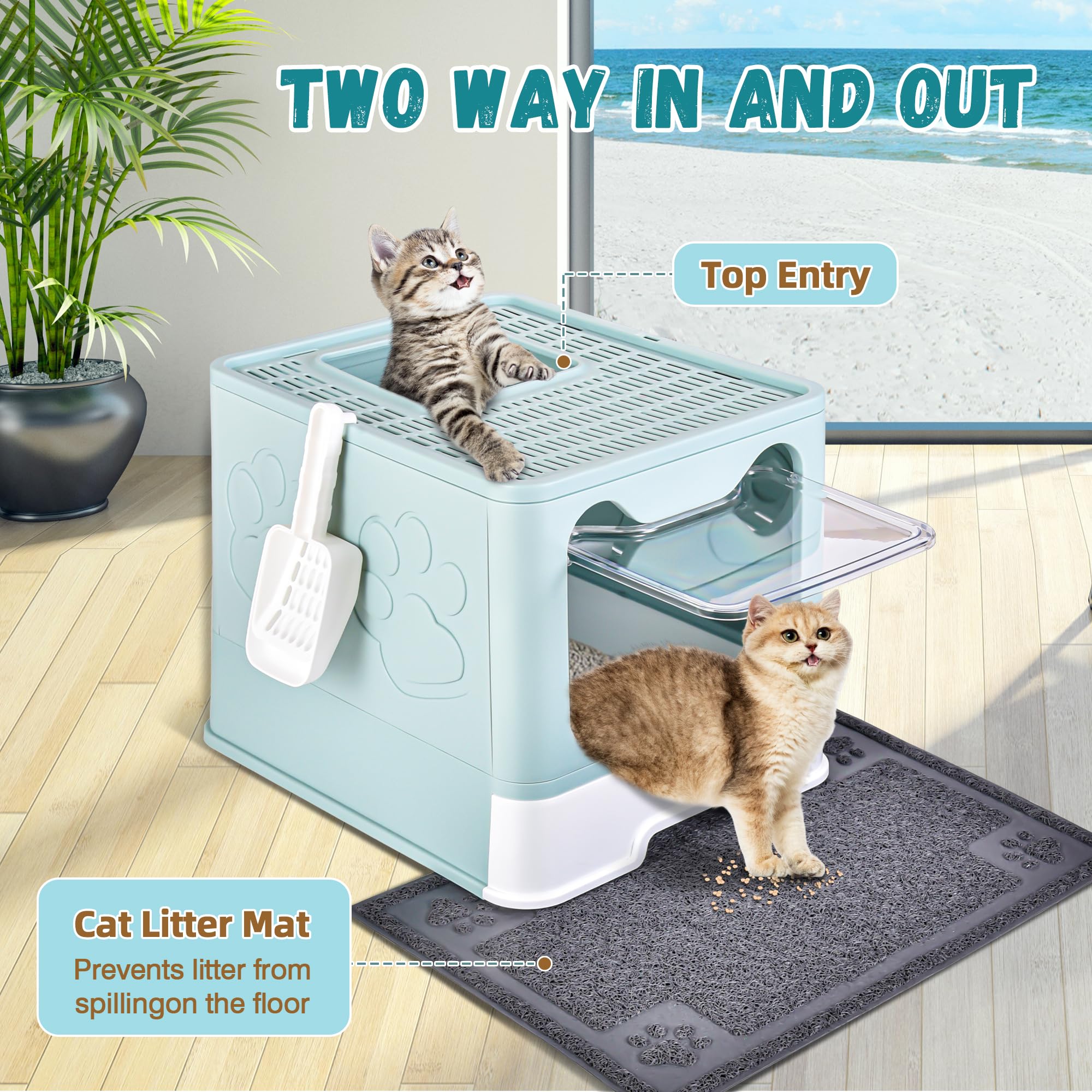 Enclosed Cat Litter Box With Lid Foldable Potty,Drawer Type Extra Large Cover Litter Box With Mat, Kitty Free In And Out/One-Way