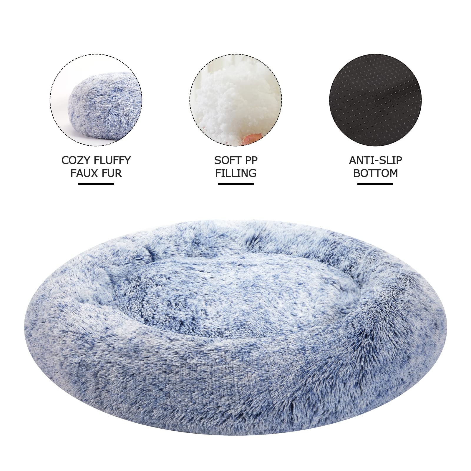 Bedfolks Calming Donut Dog Bed - 36 Inch Round Plush Beds For Large Dogs, Anti-Anxiety Machine Washable (Navy Blue, Large)