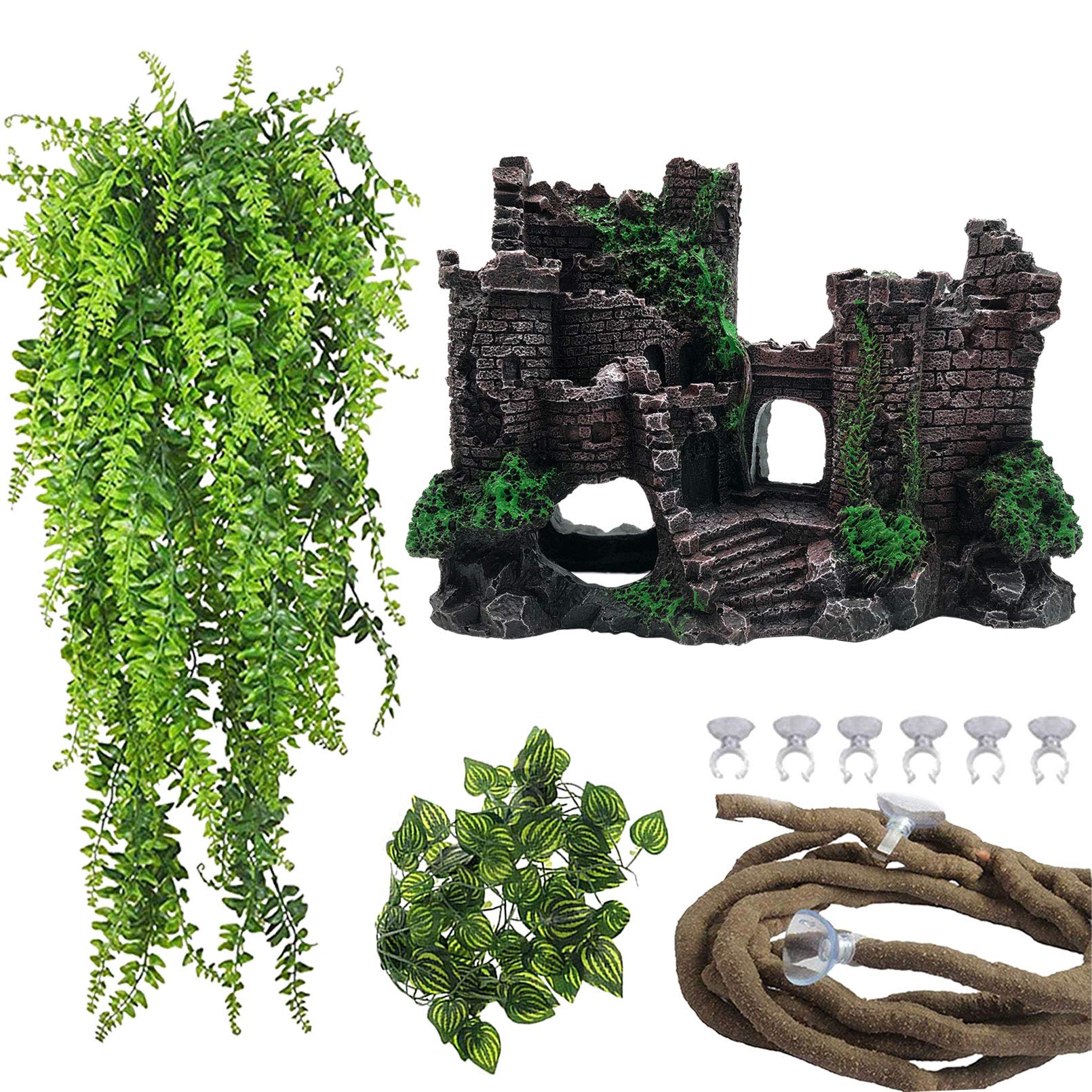 PINVNBY Reptile Resin Castle Decoration,Bearded Dragon Habitat Accessories Crested Gecko Hideouts Cave Reptiles Vines Flexible J
