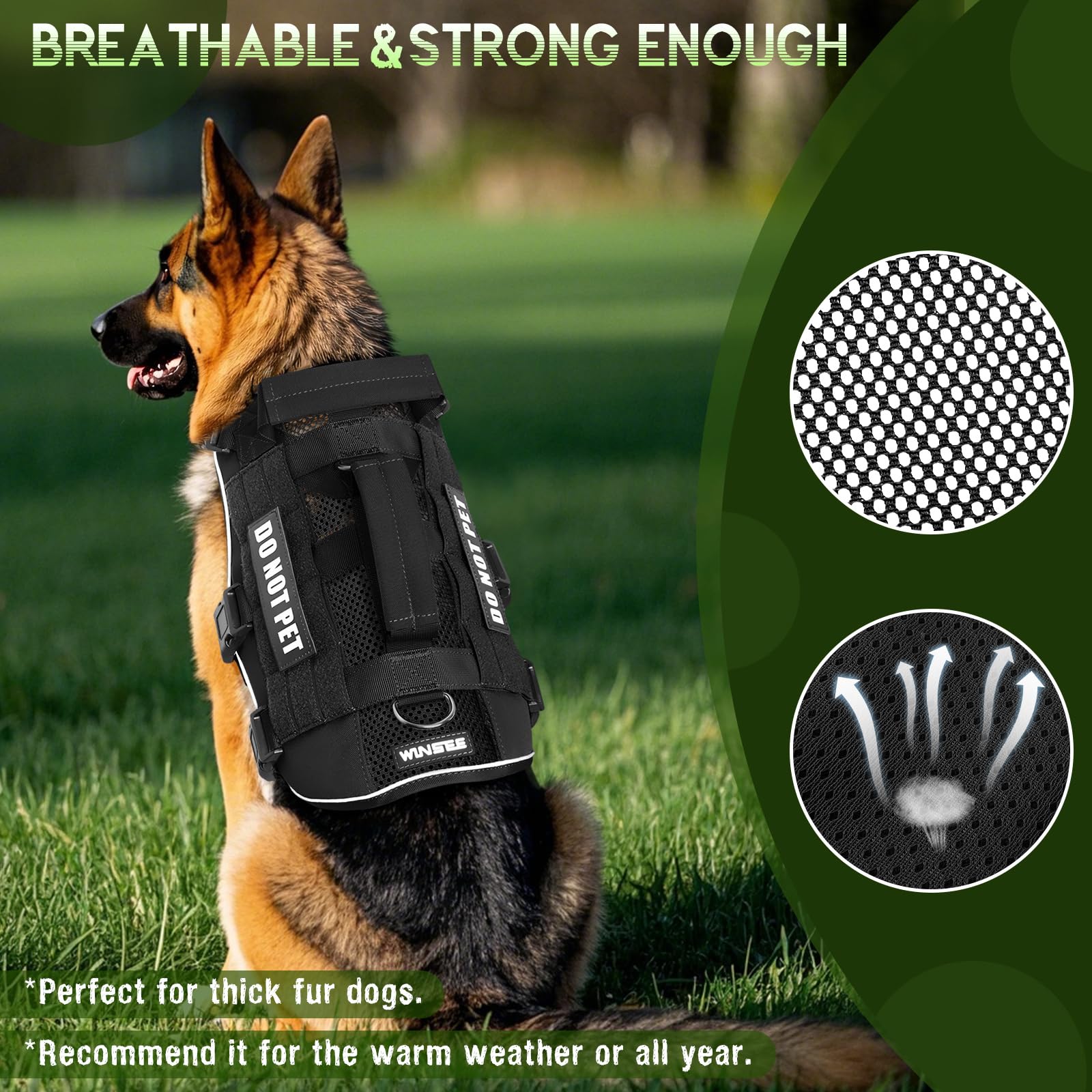 Winsee Mesh Dog Harness With 10 Pet Patches For Medium Service Dog In Training, Breathable Tactical Molle Vest With Double Handl