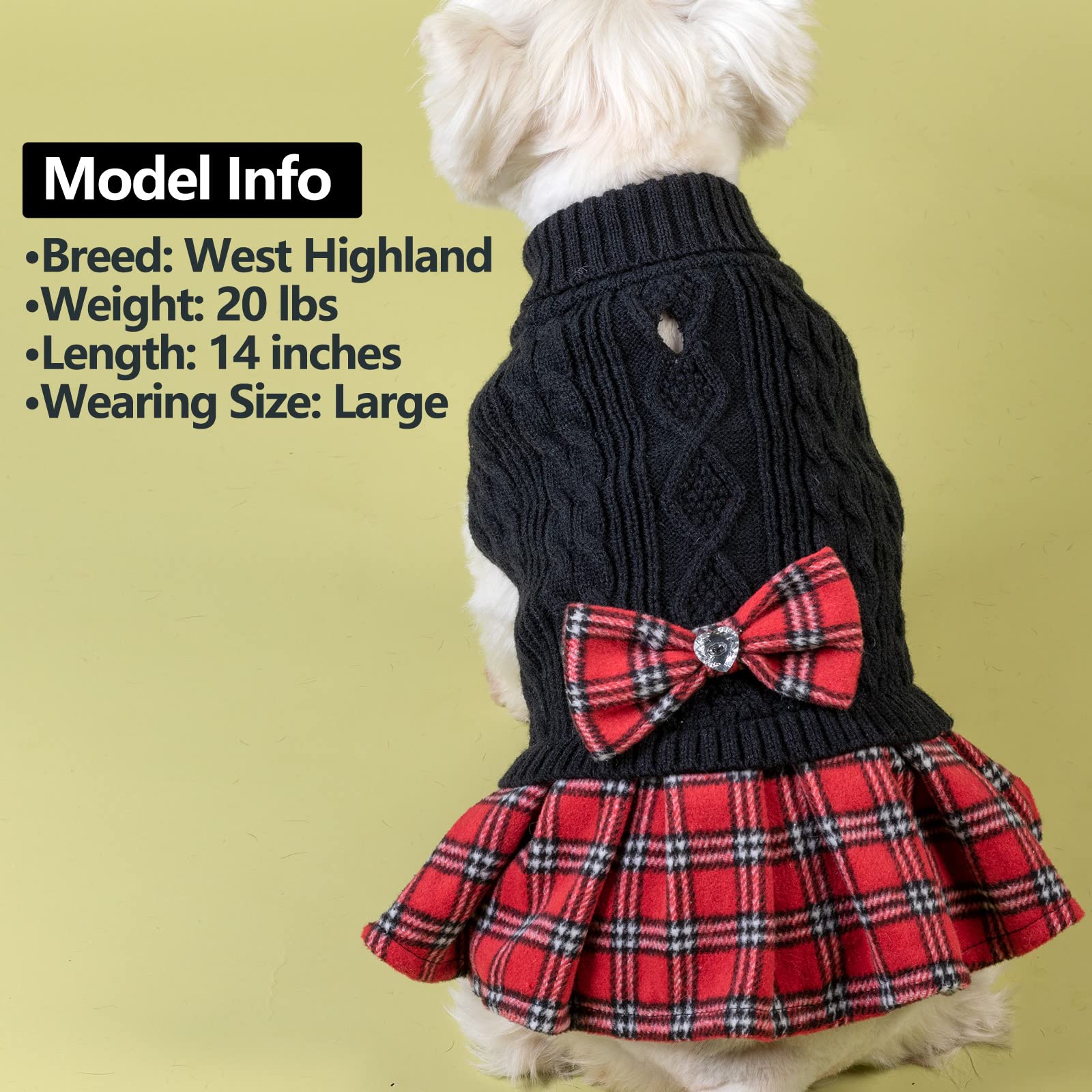 Kyeese Dog Sweater Dress With Leash Hole For Small Dogs With Bowtie Buffalo Check Red Turtleneck Dog Pullover Knitwear Puppy Cat Sweater Black